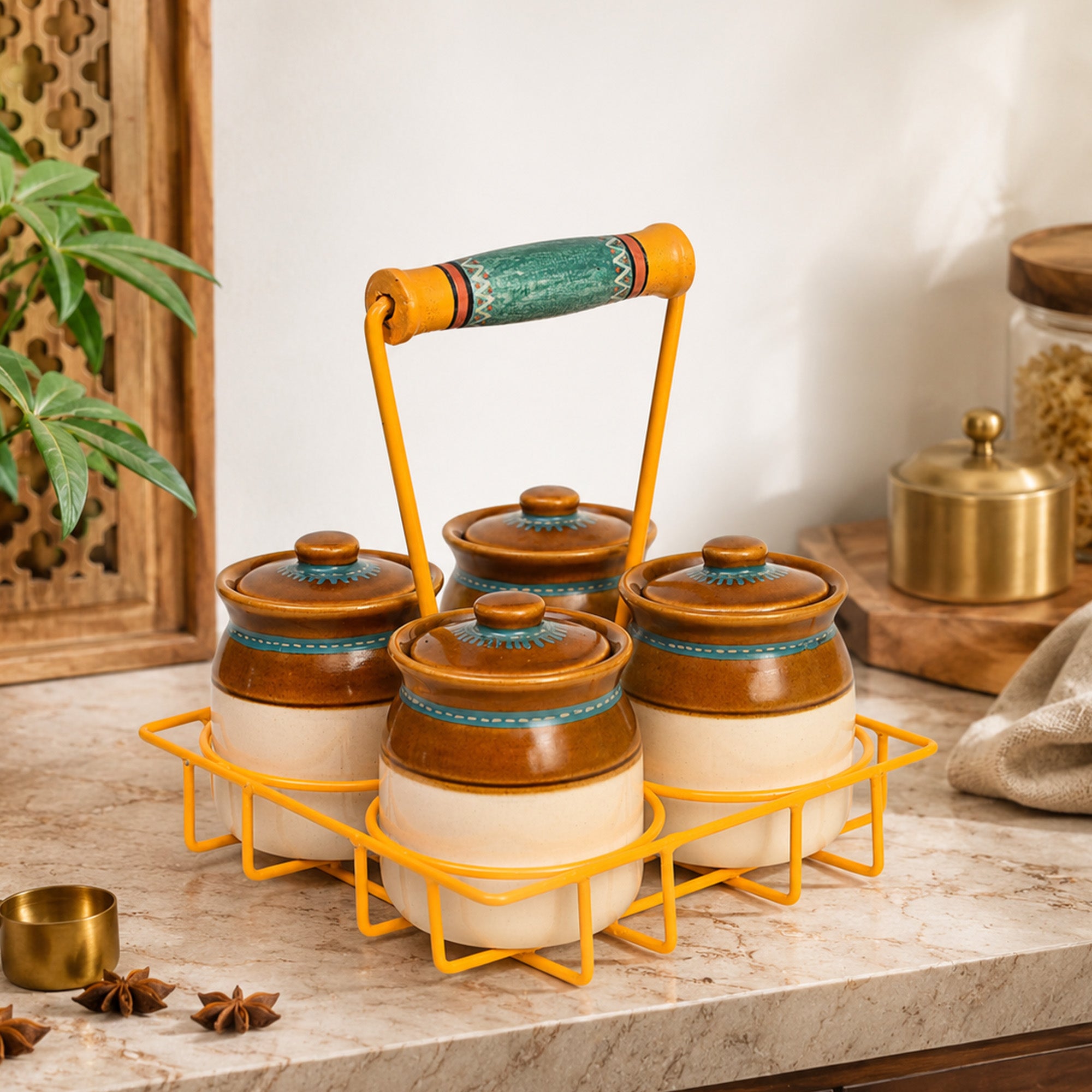 Char Chatore Barni Set (SO4) in Yellow Handpainted Metal Stand (7x7x8)