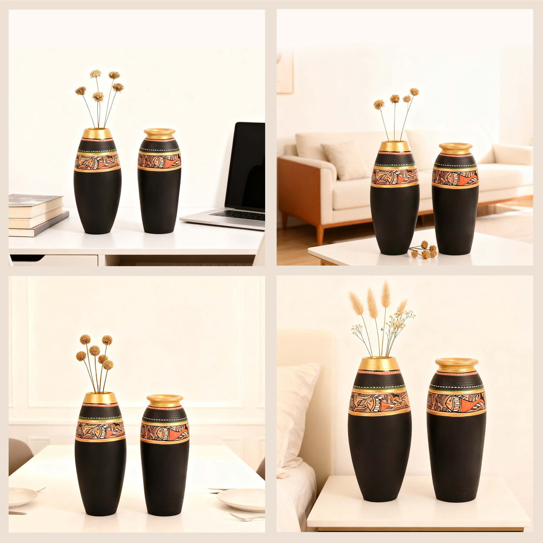 Vase Earthen Black Madhubani (Set of 2) (6.4x3/6x3)