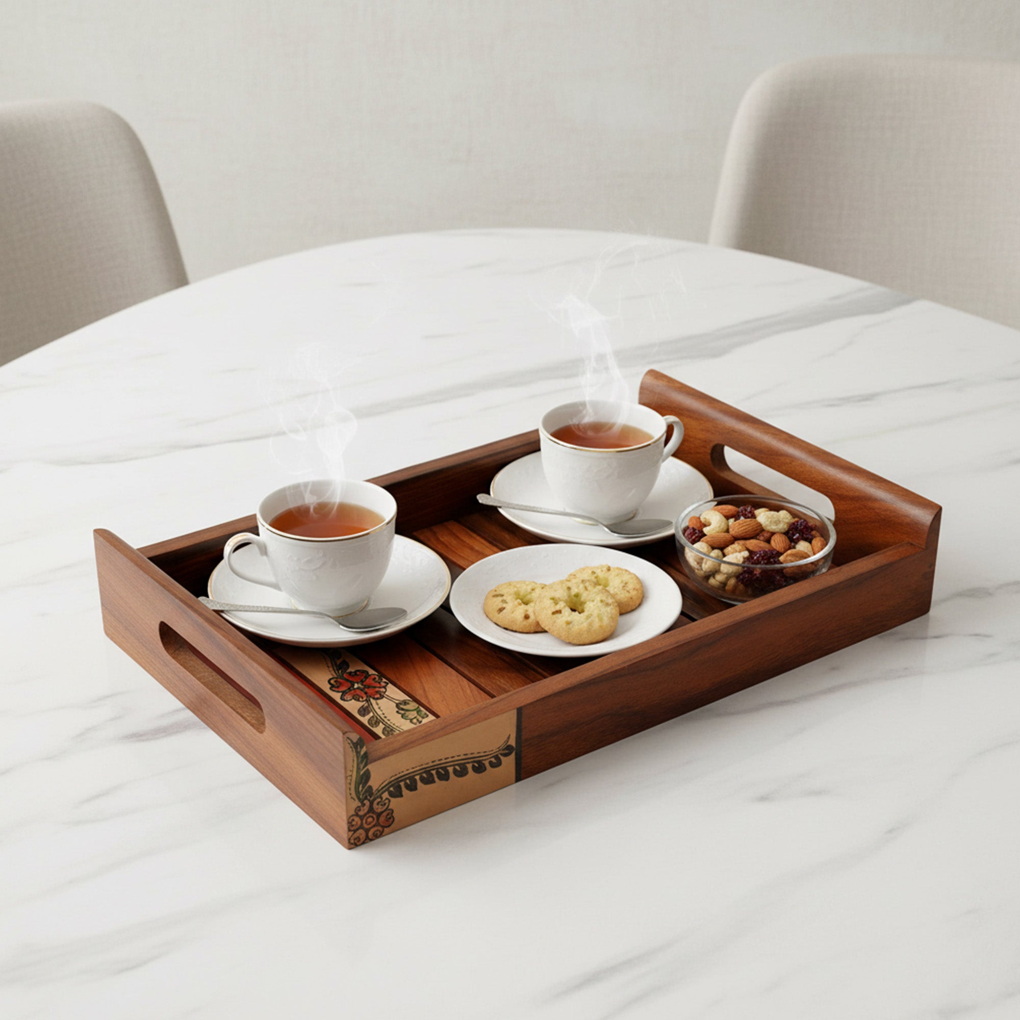 Tray Handpainted with Flower Motifs Handcrafted in Sheesham Wood (13x7.2")