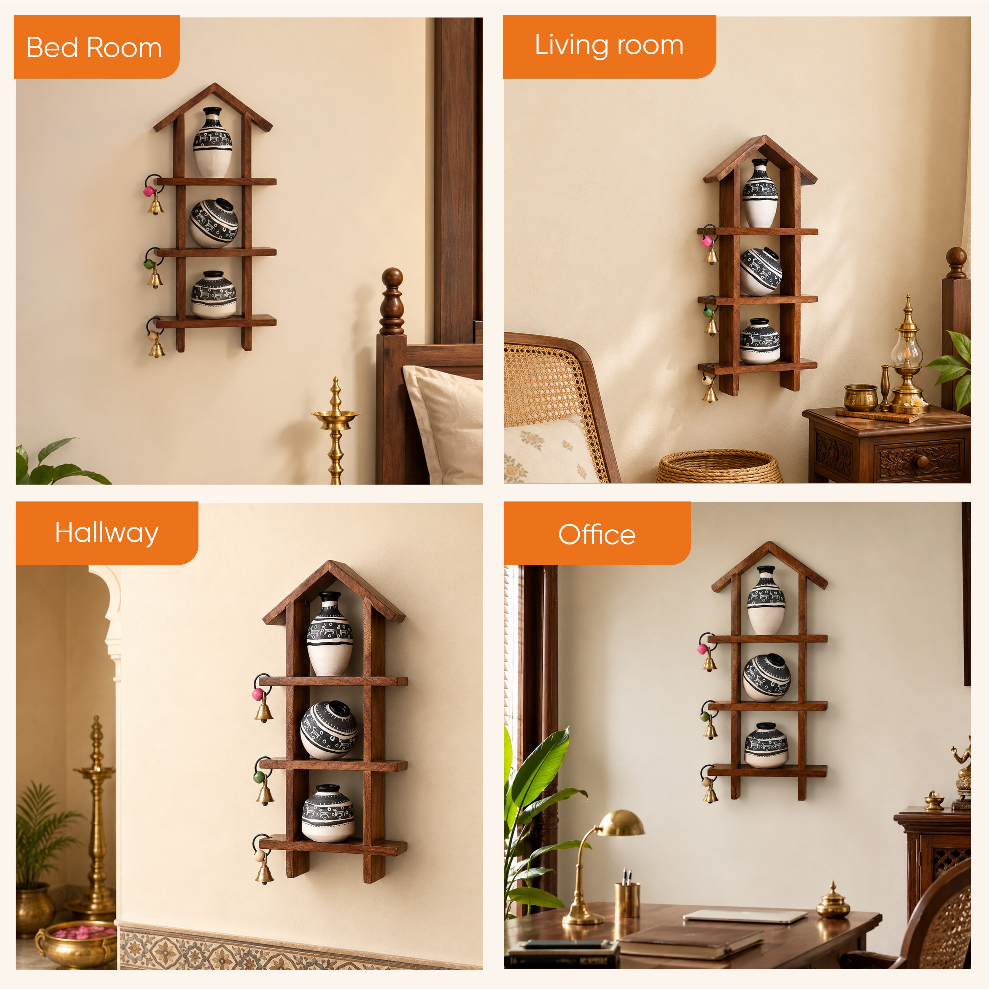 Wall Decor Ladder & 3 Handcrafted Warli White Pots (6x2x13)
