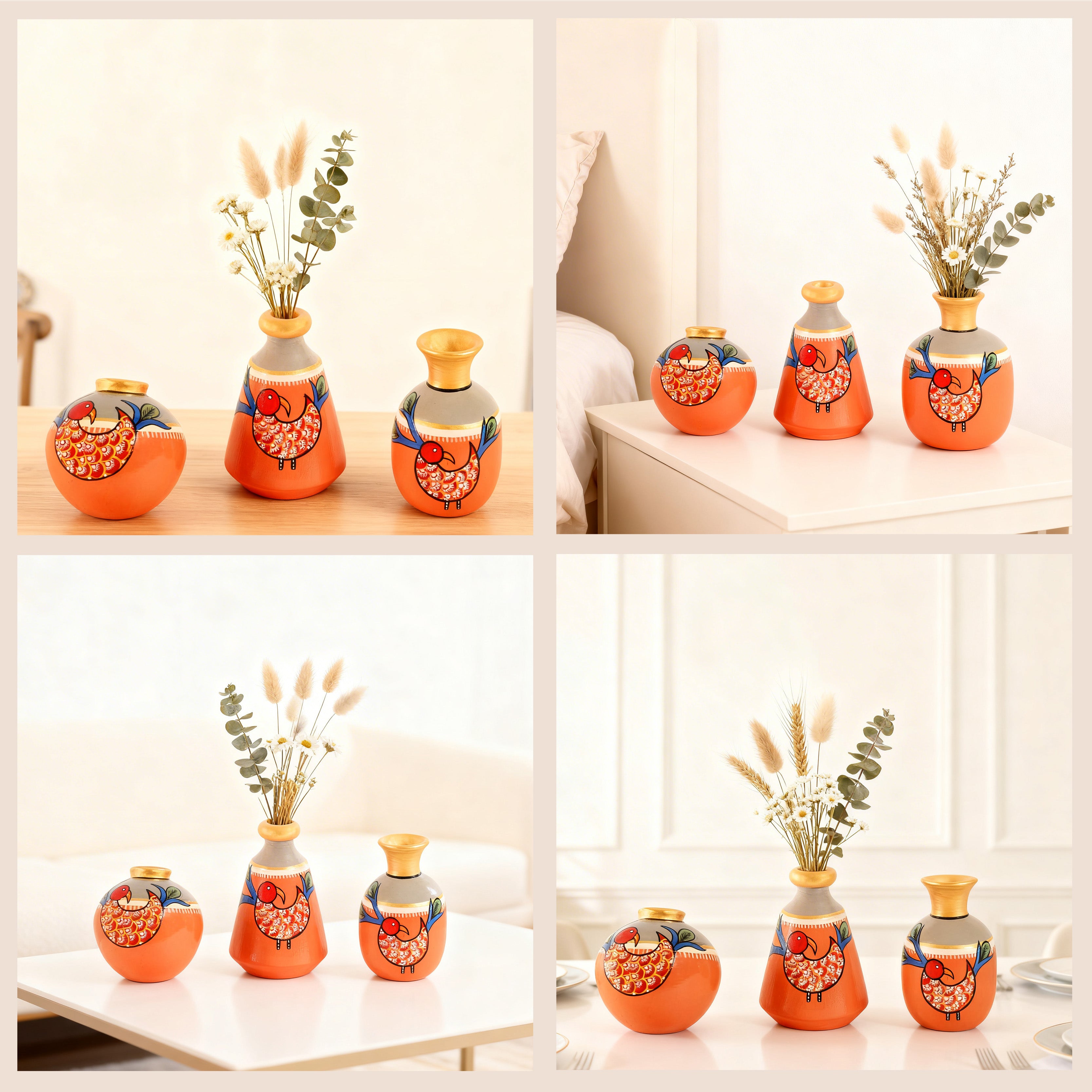Peacock's Pride Terracotta Vase Set of 3