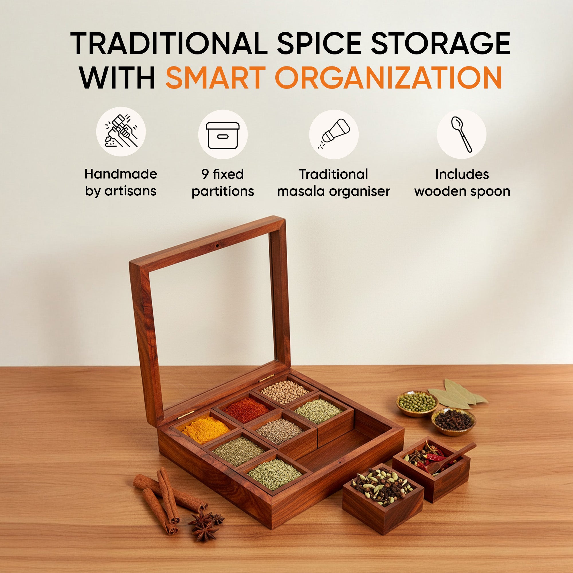 Spice Box Handcrafted Tribal Art 9 Slot Wooden with Spoon (8x8x2)