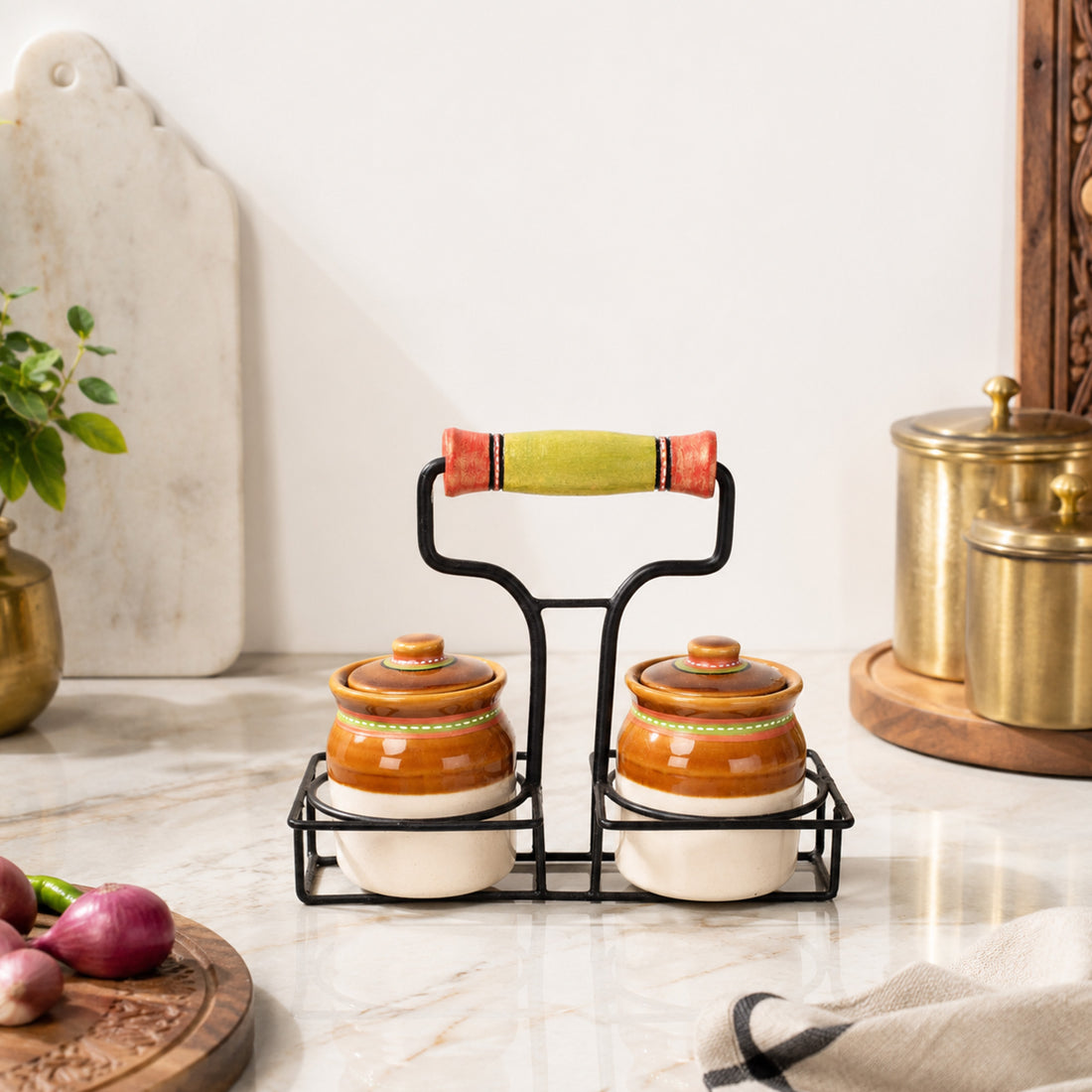 Dual Elegance Ceramic Barni with Metal Stand