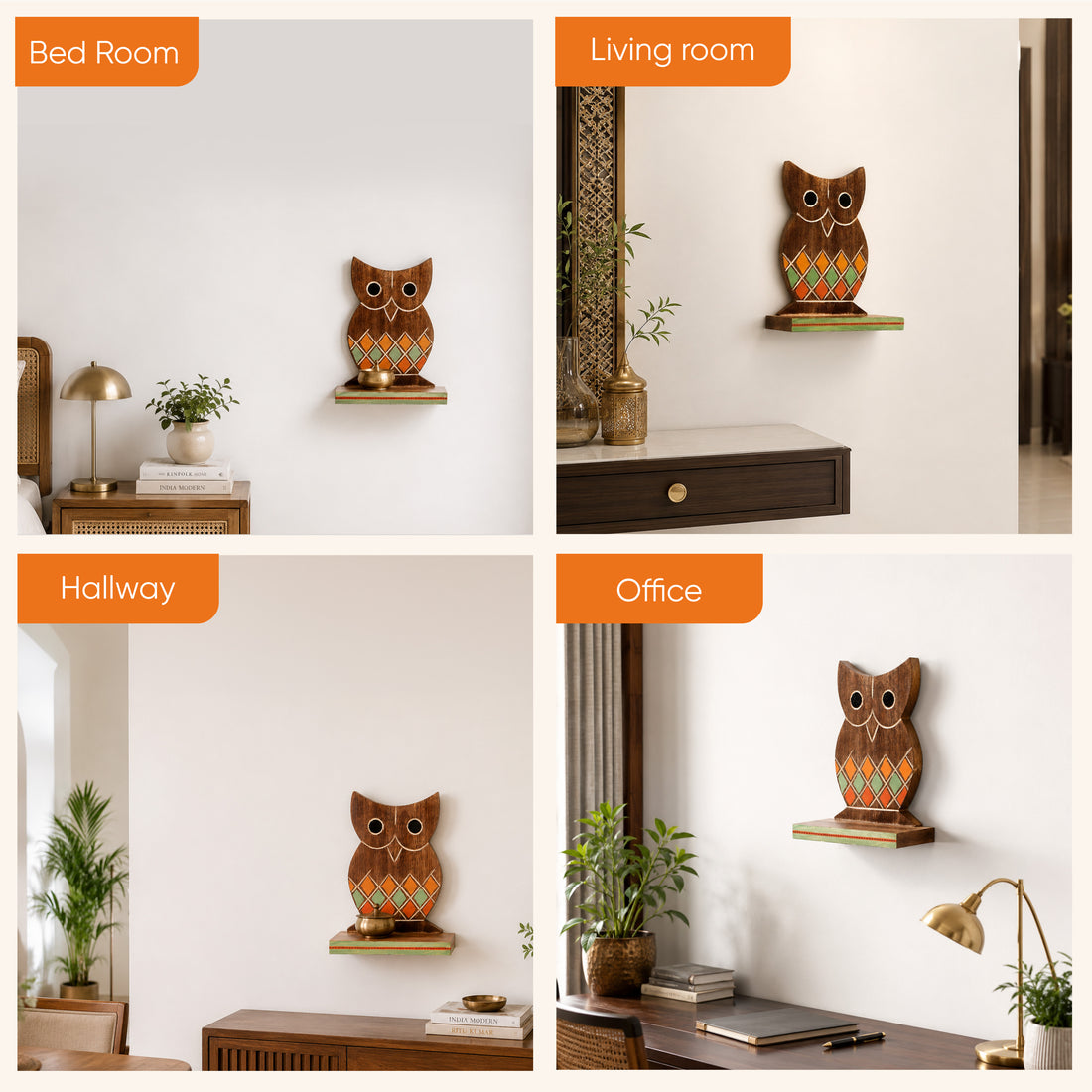 Wall Decor Handcrafted Wooden Tribal Art Owl Shelf (6.5x4x9.2)