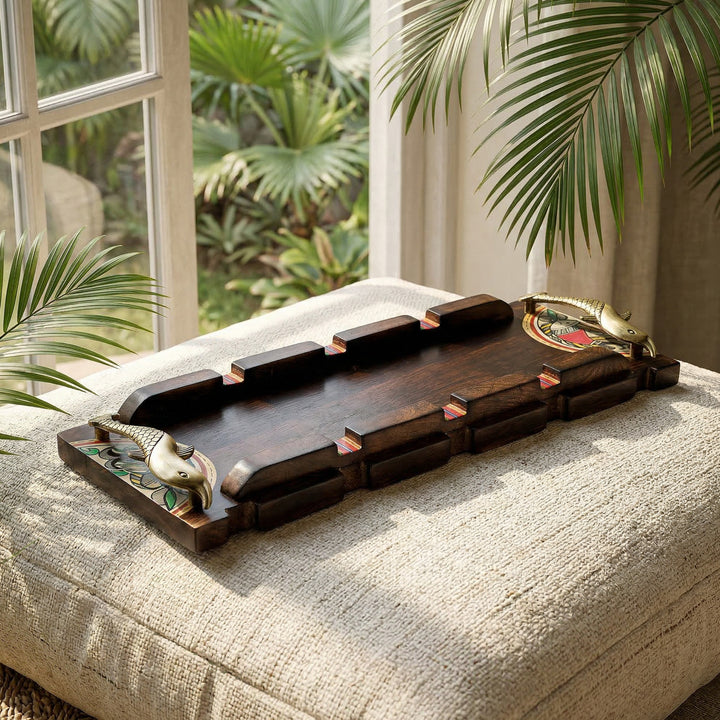 Tray handcrafted with Warli design & Fish Handles (15x6)