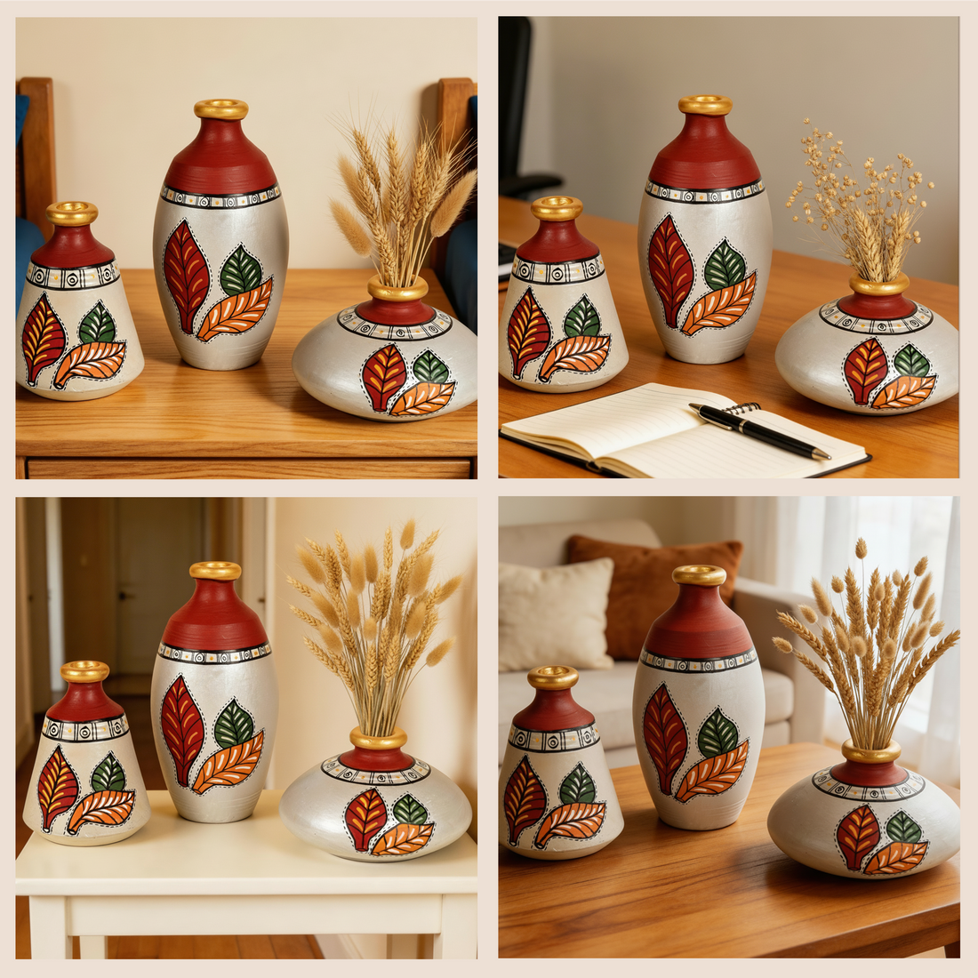 Silver Bloom Earthen Vases Handpainted in Tribal Art