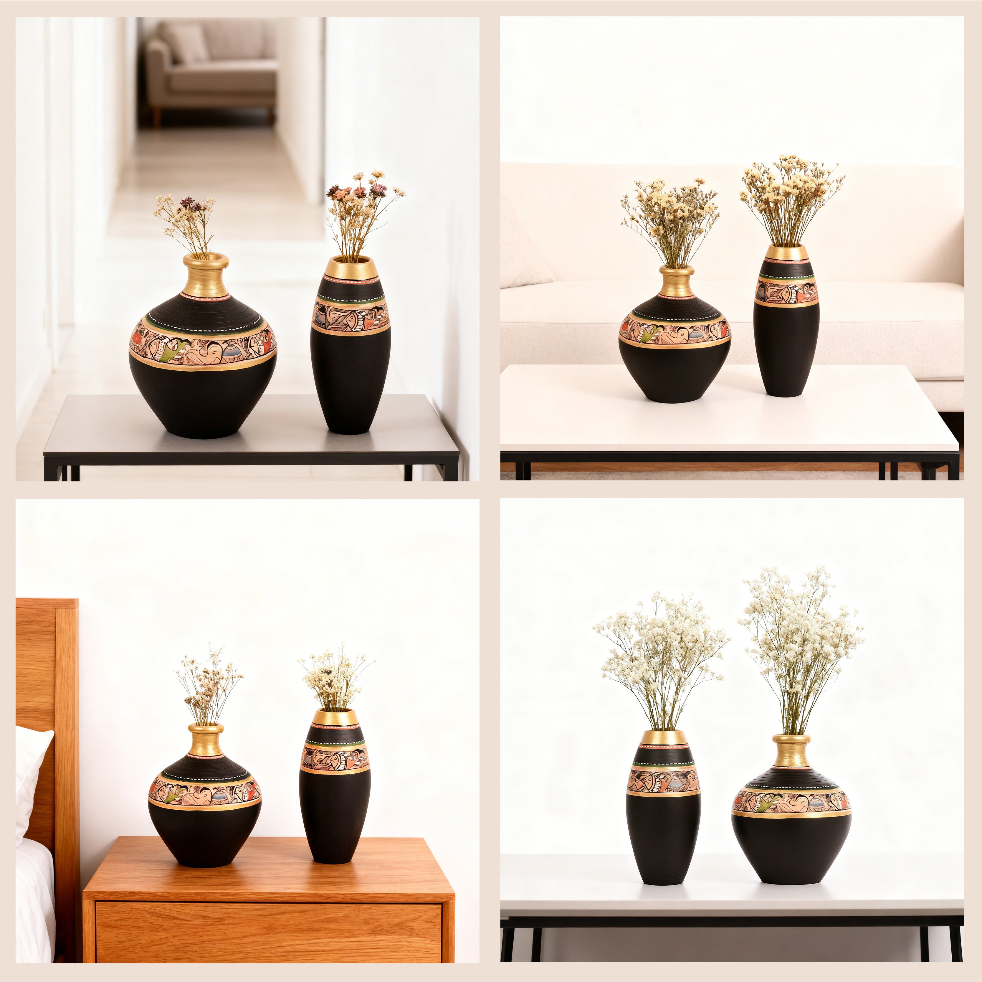 Vase Earthen Black Madhubani (Set of 2) (6x5/6x3)