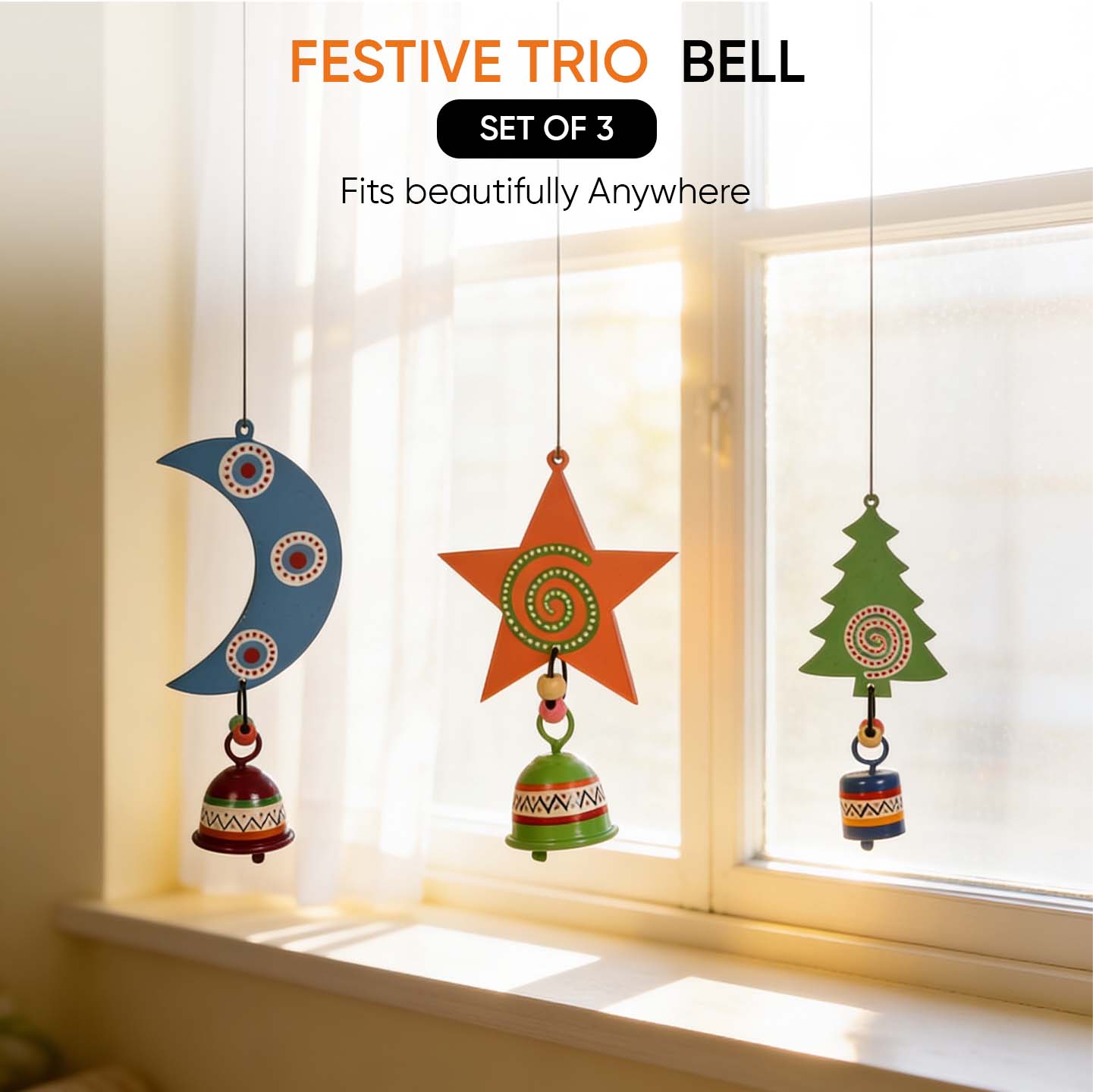 Festive Trio Wind Chime Set ﾖ Moon, Star & Tree