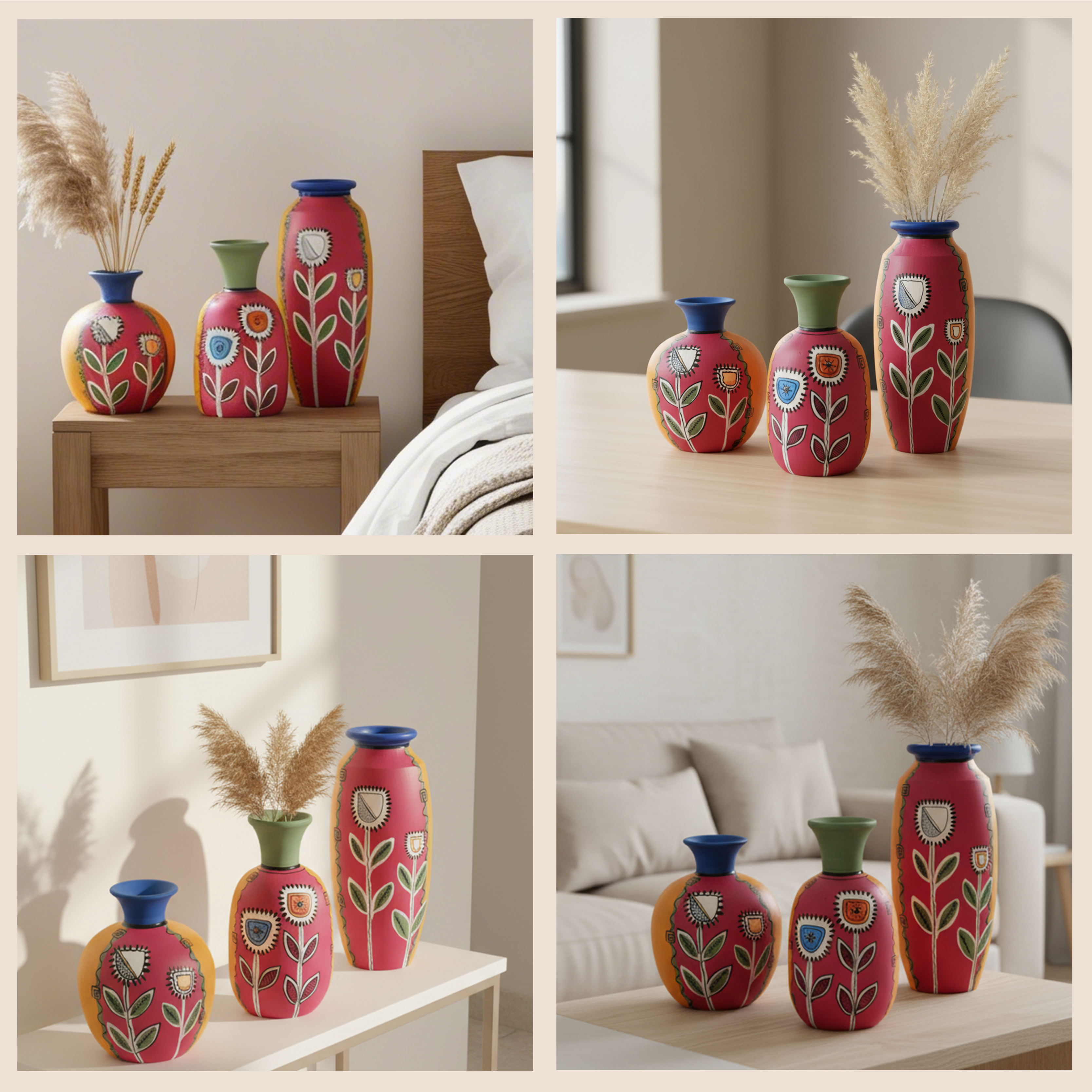 Smiling Flowers Colorful Vases (So3) in Magenta (3x3/5.5x2.5/6x3 HxDia)