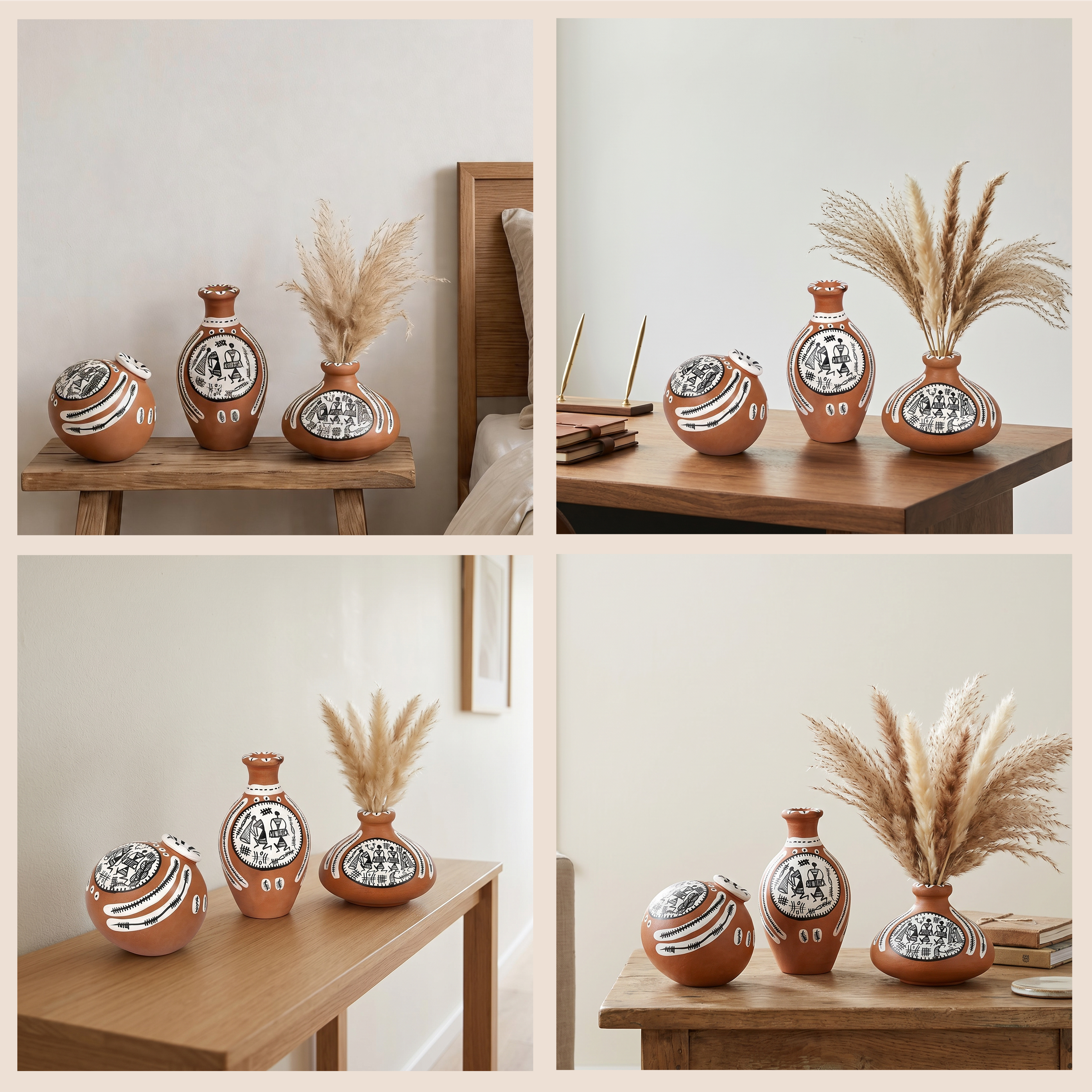 Vase Earthen Miniatures Natural Warli (Set of 3) 2.4/2/2