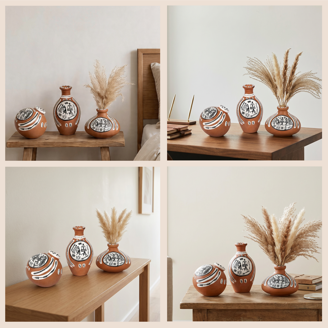 Vase Earthen Miniatures Natural Warli (Set of 3) 2.4/2/2