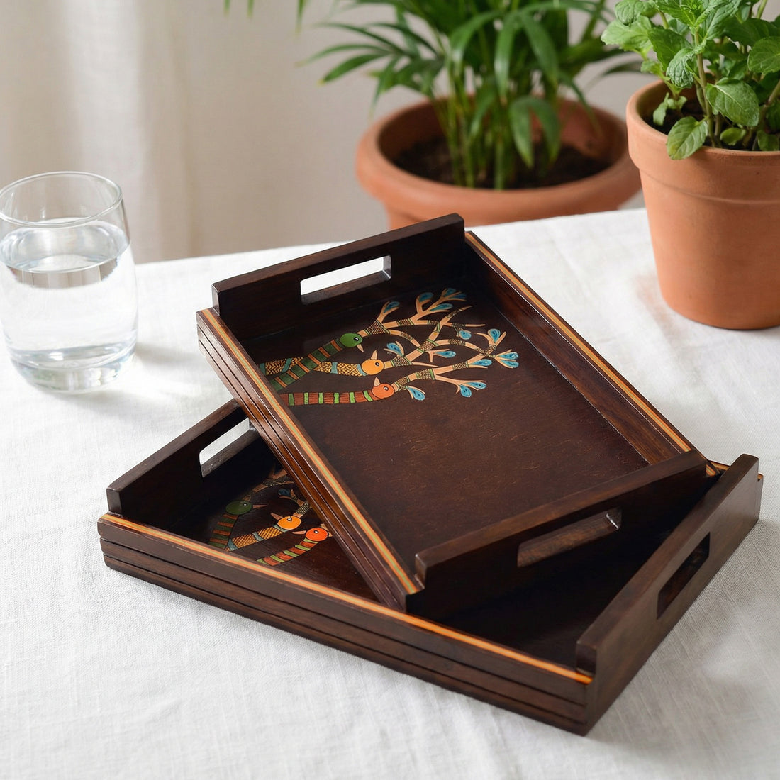 Chriping Birds Handcrafted Serving Tray Set of 2