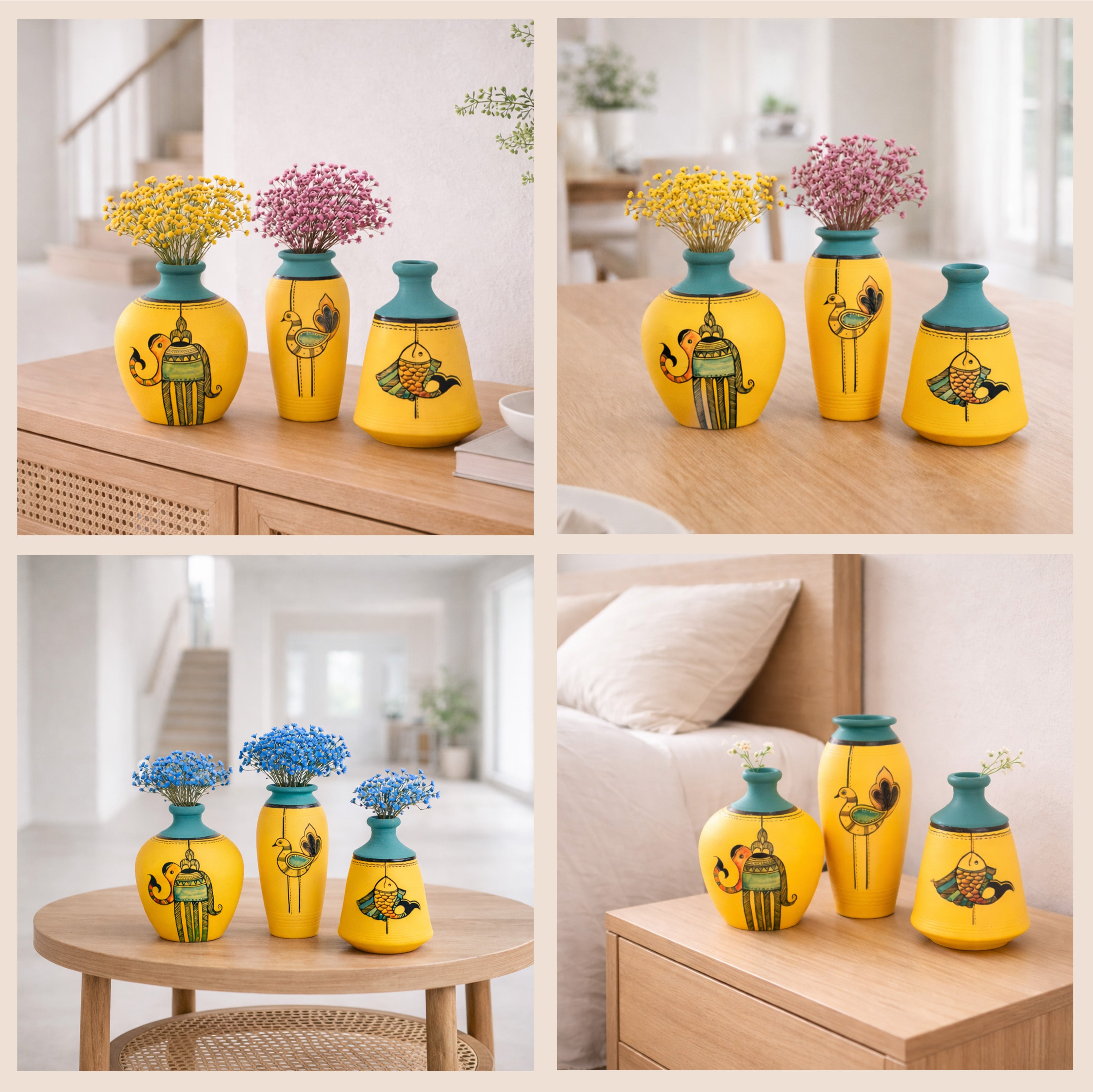 3色の瓶詰め風オブジェ3個set    ハンドメイド雑貨 Yellow Mellow Terracotta Vases (Set Of 3) – Aakriti Art Creations