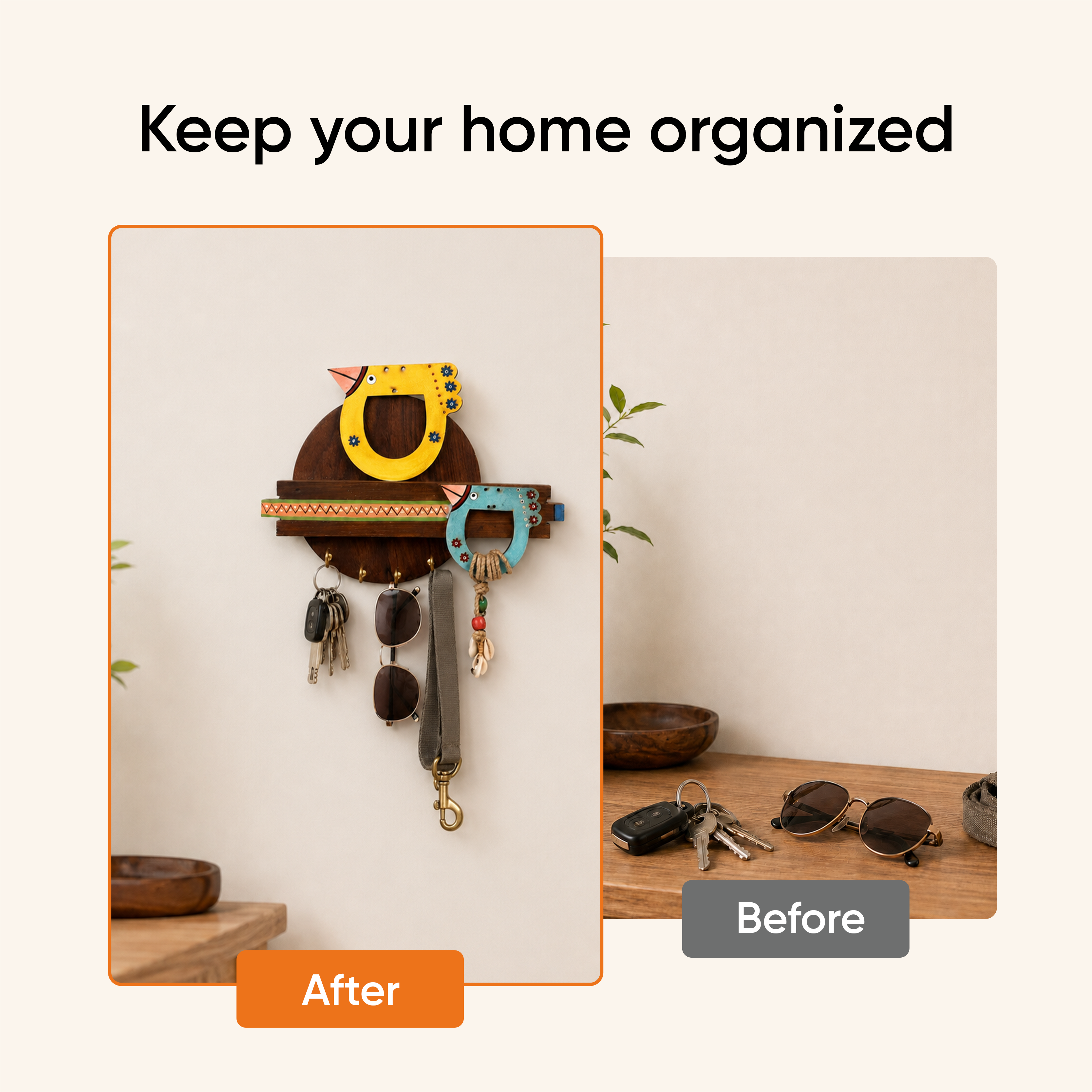 Key Holder Handcrafted Tribal Art Bird Theme 4 Keys (10x1.7x7.5)