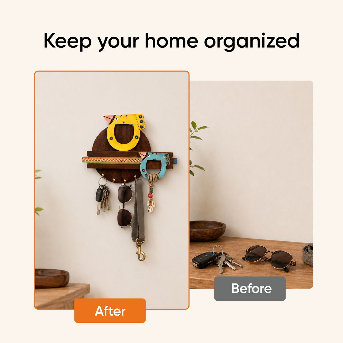 Key Holder Handcrafted Tribal Art Bird Theme 4 Keys (10x1.7x7.5)