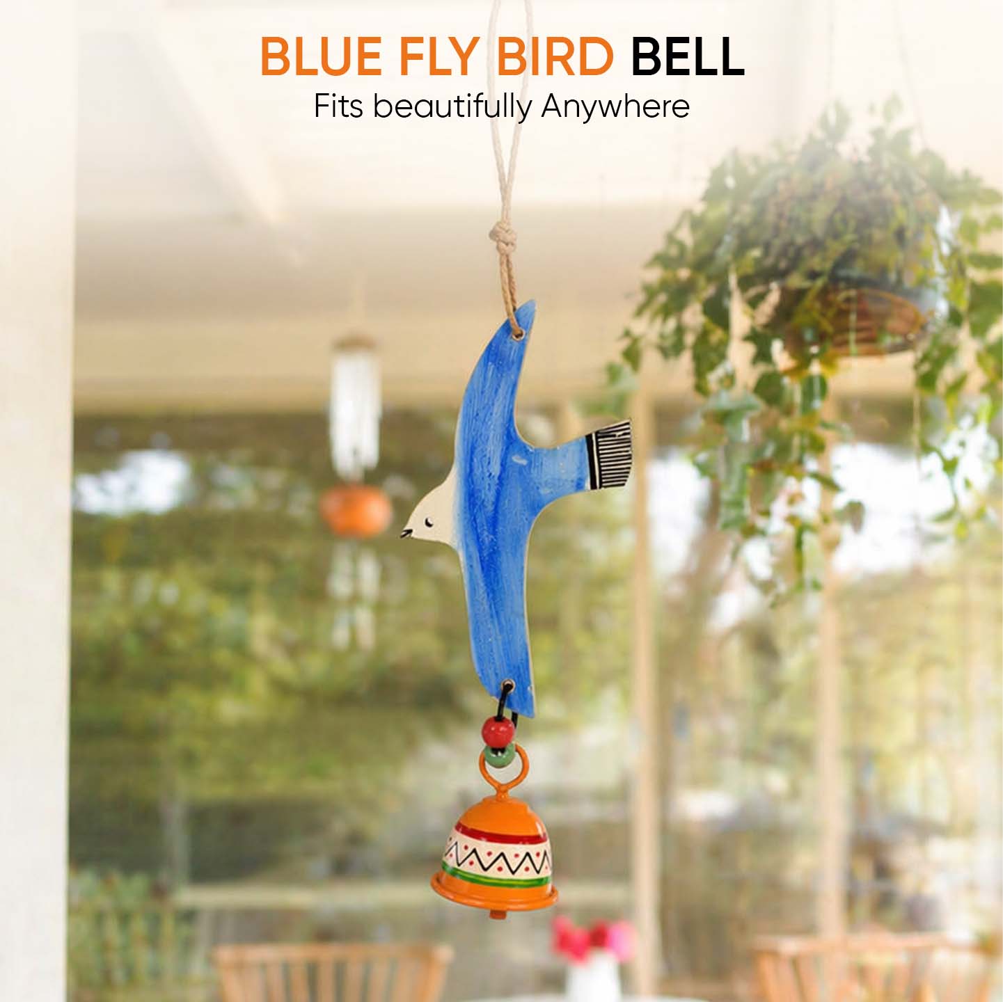Blue Fly Bird Wind Chimes with Metal Bell for Home Decoration