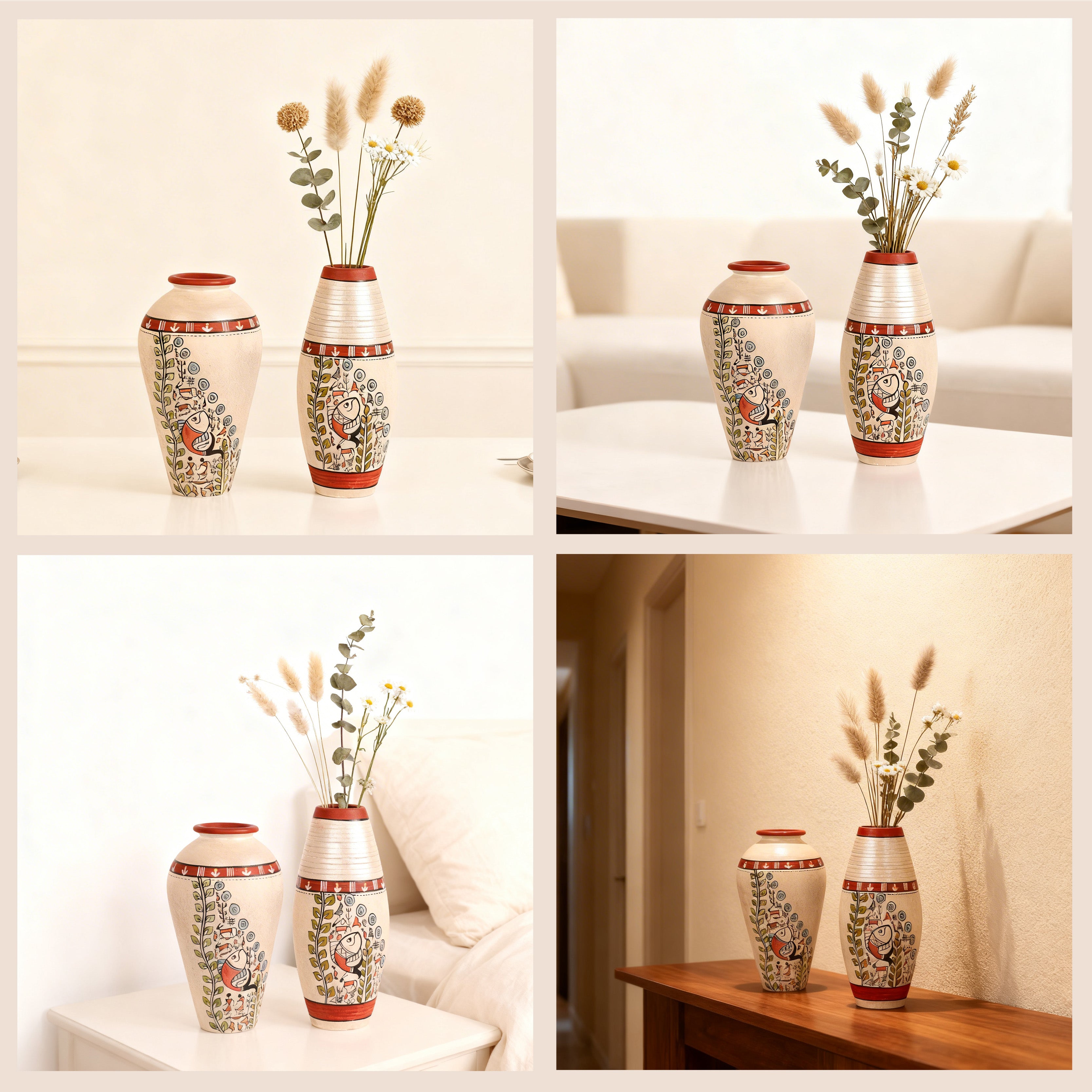 Vase Earthen White Madhubani (Set of 2) (6x3.4/6.4x3)