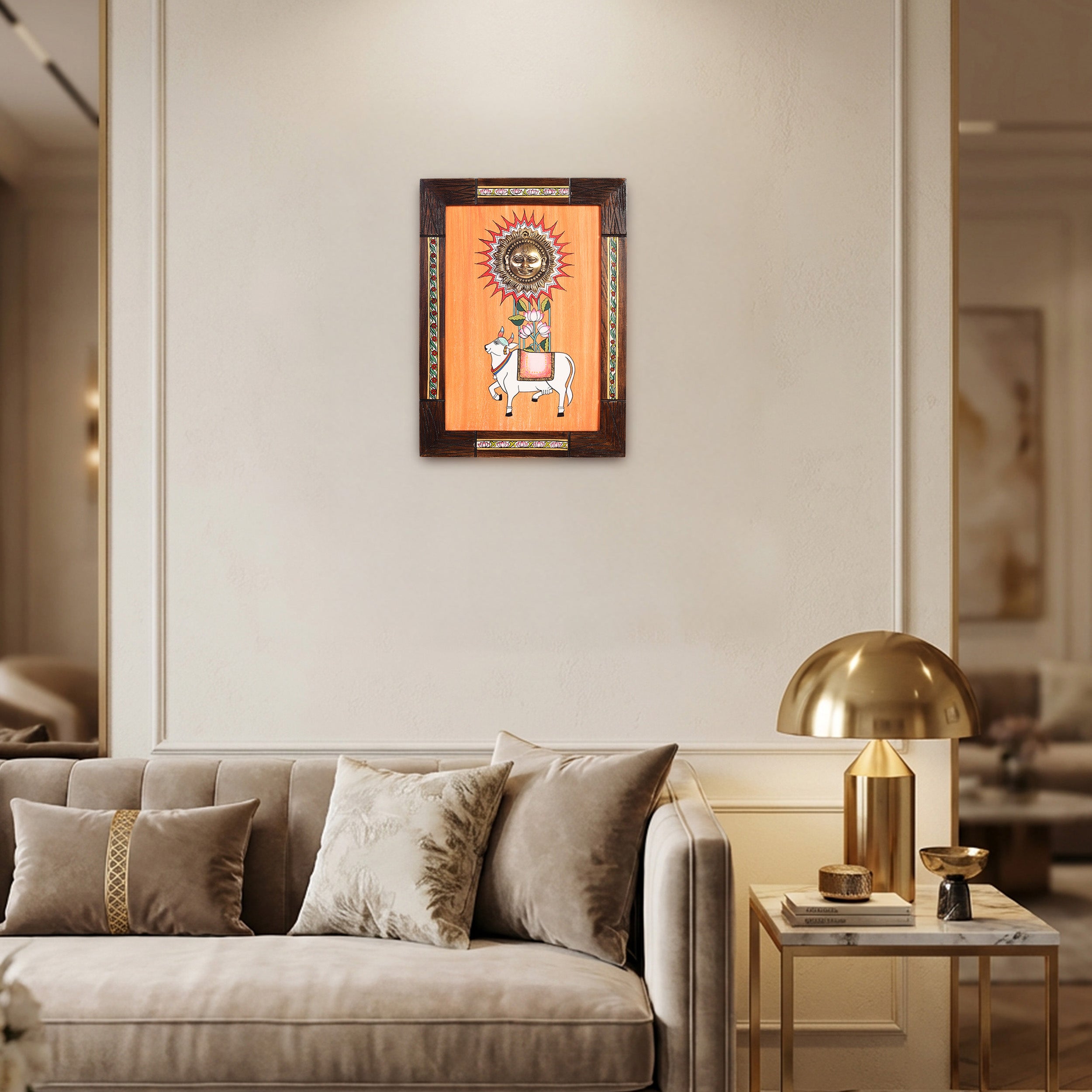 Nandi Wall Accent with beautiful painting of Nandi and Shiva in Brass in Backdrop