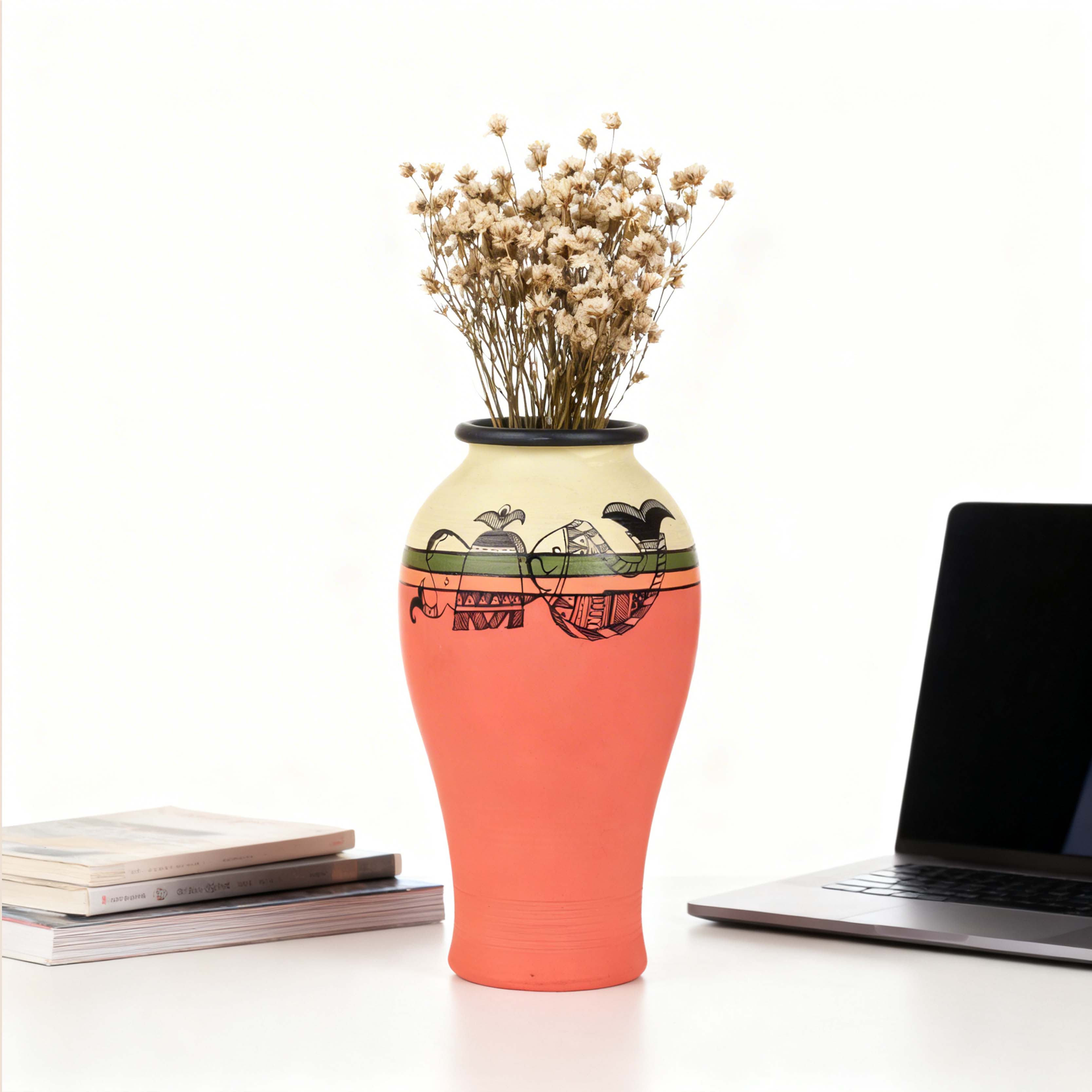 Carrot Red Earthen Vase with Madhubani Tattoo Art
