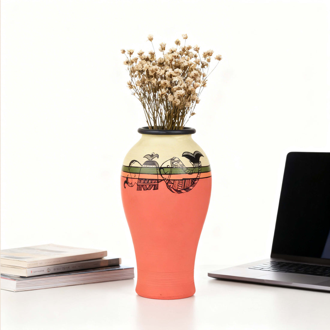Carrot Red Earthen Vase with Madhubani Tattoo Art