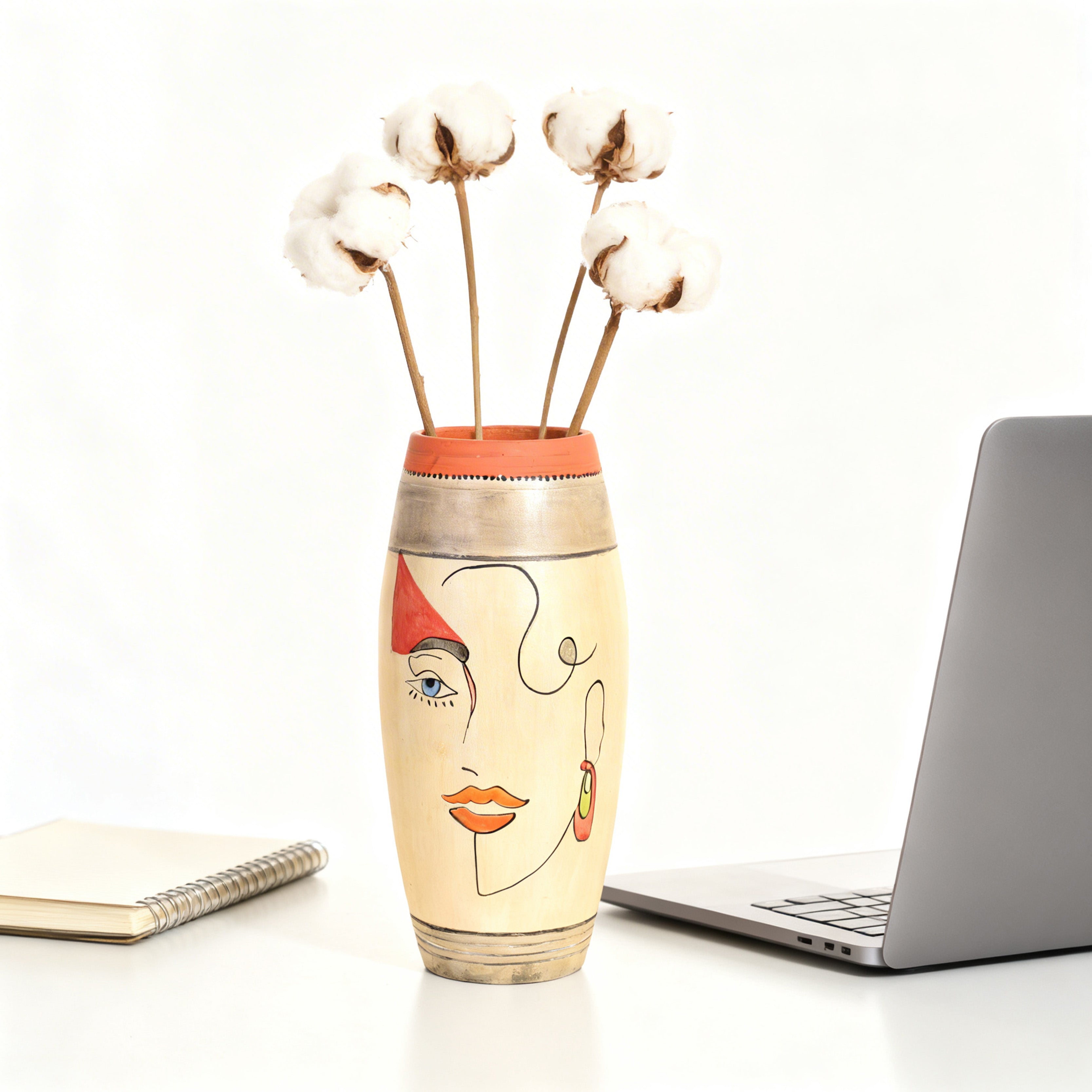 Artistic Face Motif Terracotta Jar for Boho Home Décor