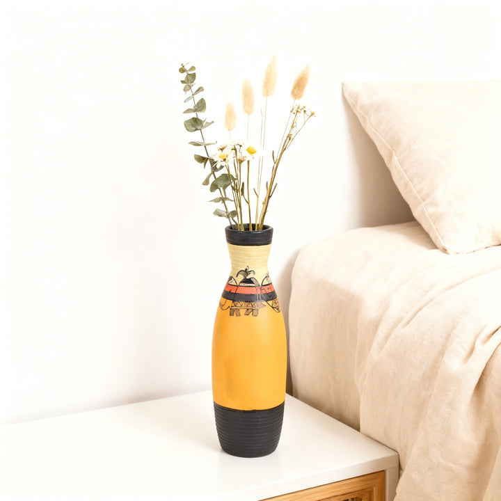 Yellow Earthen Vase with Madhubani Tattoo Art