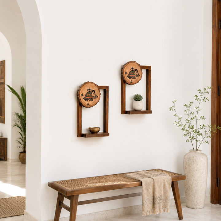 Wall Decor Round Coaster Handcrafted Wooden Shelves (Set of 2) (6x2.5x9)
