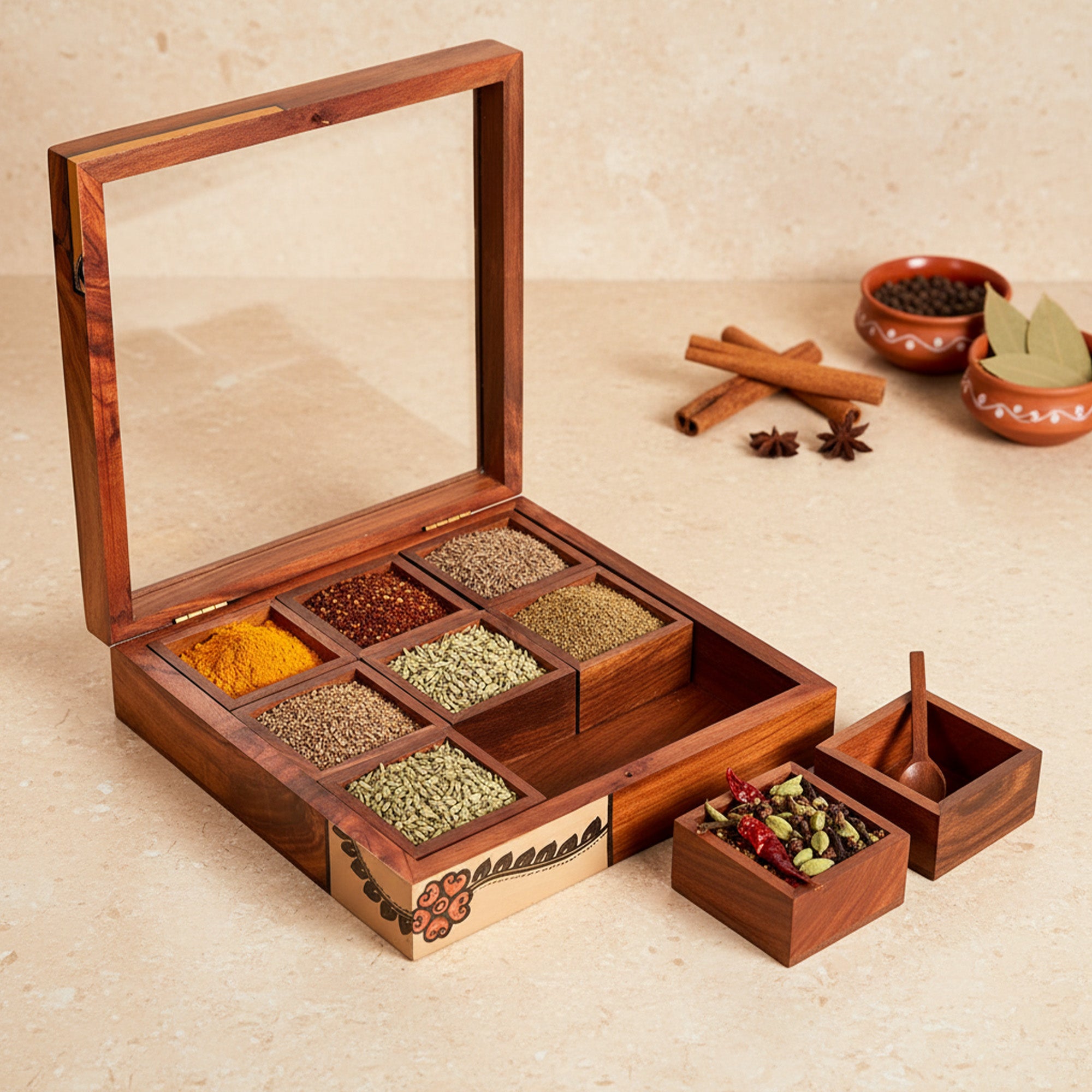 Spice Box Handcrafted Tribal Art 9 Slot Wooden with Spoon (8x8x2)
