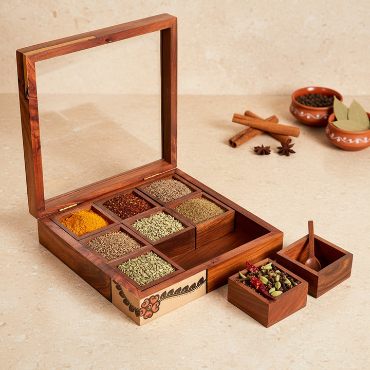 Spice Box Handcrafted Tribal Art 9 Slot Wooden with Spoon (8x8x2)