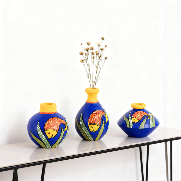 Something's Fishy Terracotta Vase Set of 3 (Blue)