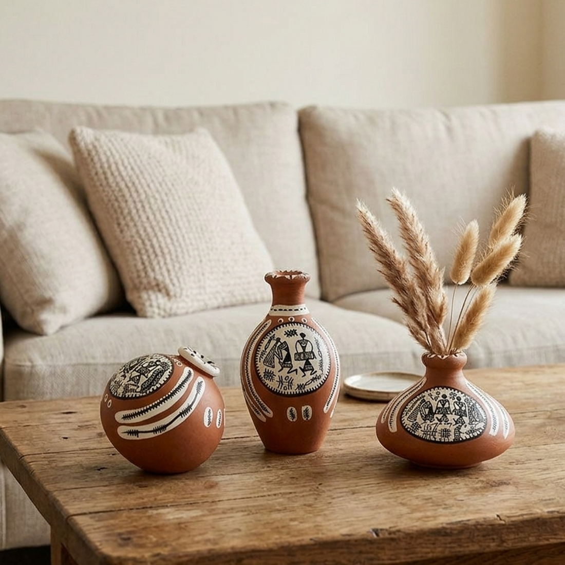 Vase Earthen Miniatures Natural Warli (Set of 3) 2.4/2/2