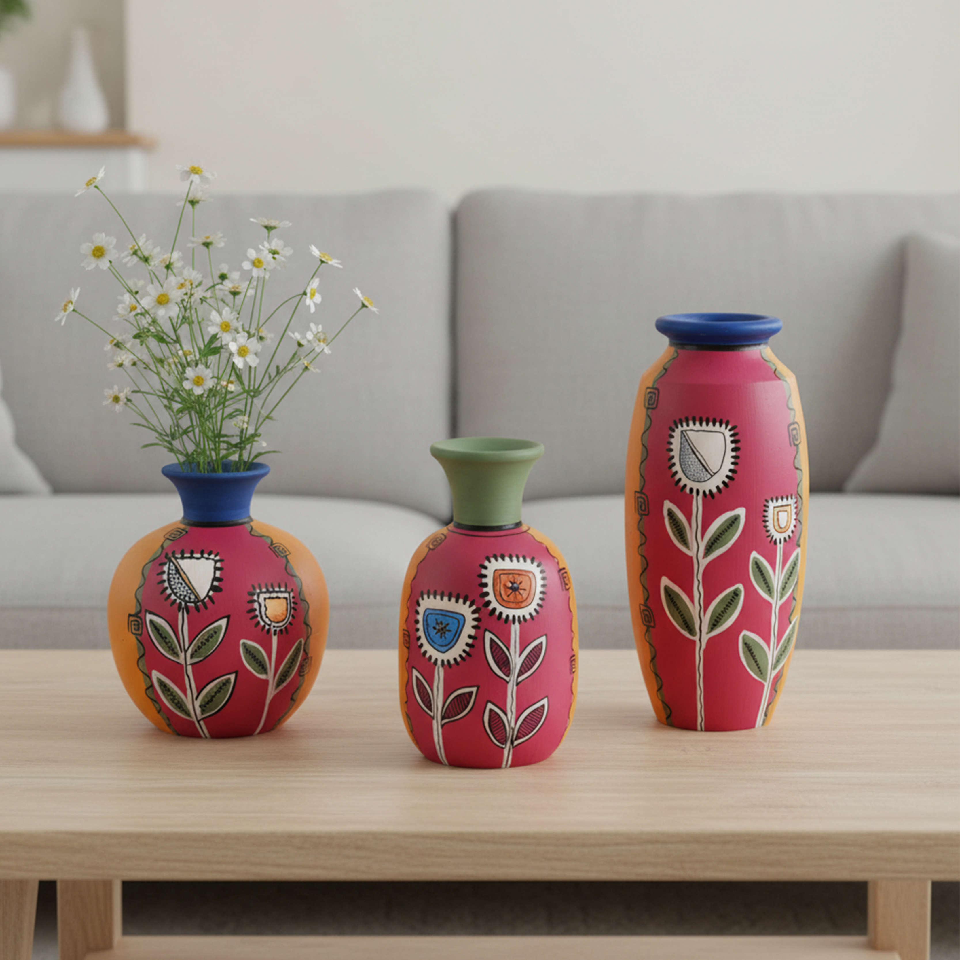 Smiling Flowers Colorful Vases (So3) in Magenta (3x3/5.5x2.5/6x3 HxDia)