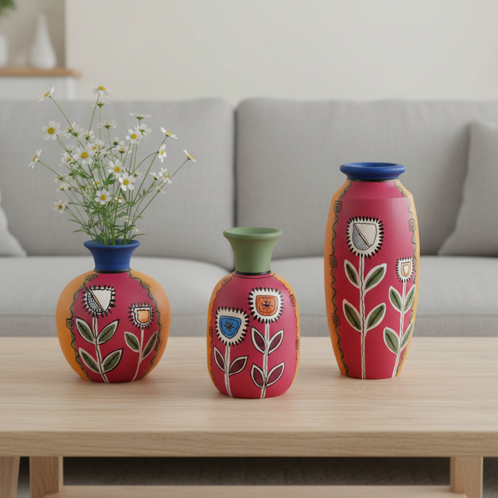 Smiling Flowers Colorful Vases (So3) in Magenta (3x3/5.5x2.5/6x3 HxDia)