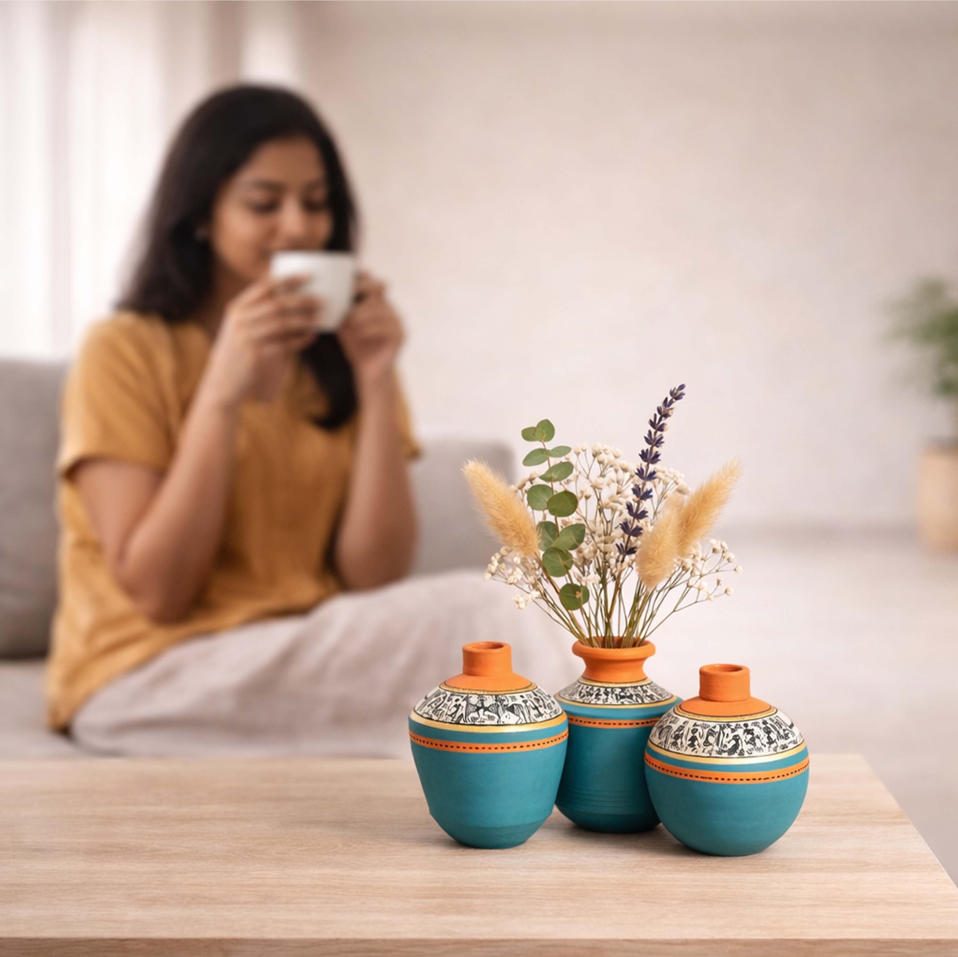 Blue Oasis Terracotta Vase Set of 3, Handcrafted Tribal Artdecor with Earthy Accents