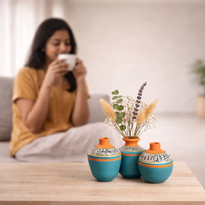 Blue Oasis Terracotta Vase Set of 3, Handcrafted Tribal Artdecor with Earthy Accents