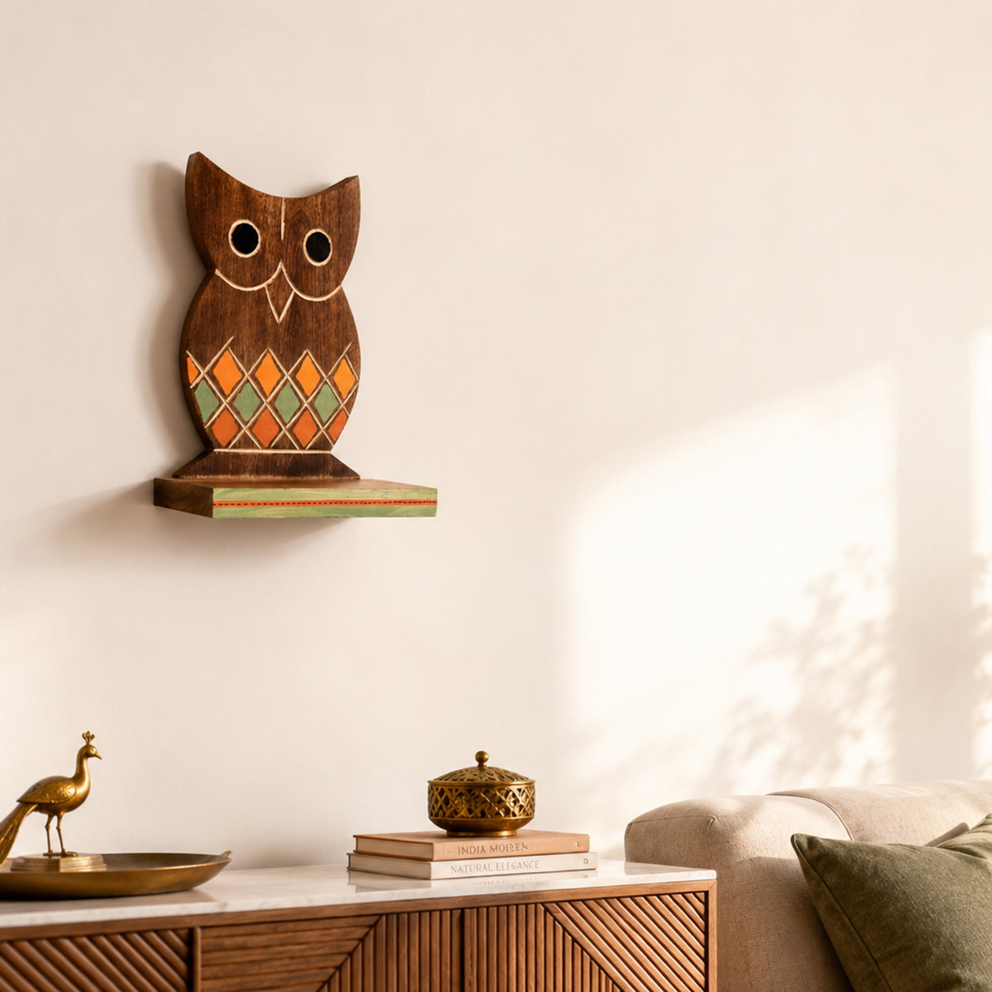 Wall Decor Handcrafted Wooden Tribal Art Owl Shelf (6.5x4x9.2)