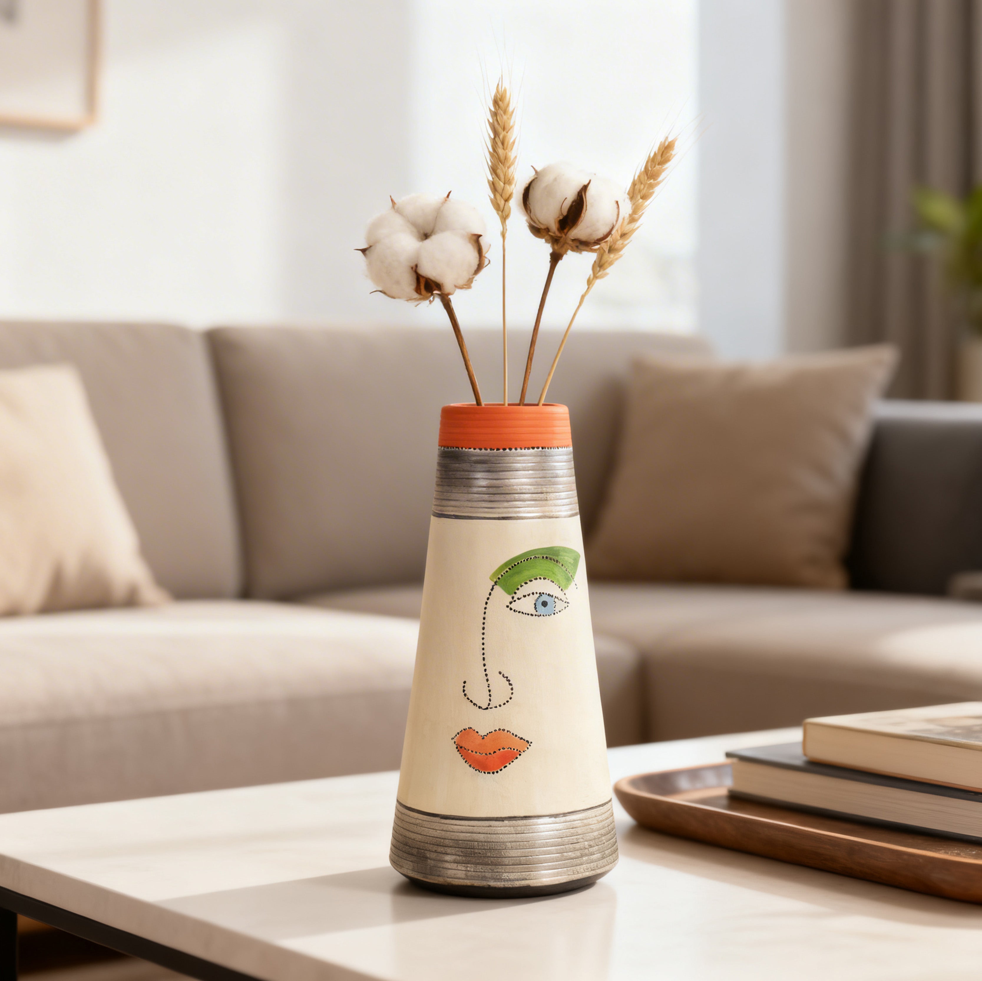 Minimalist Abstract Face Terracotta Pottery Vase for Elegant Spaces