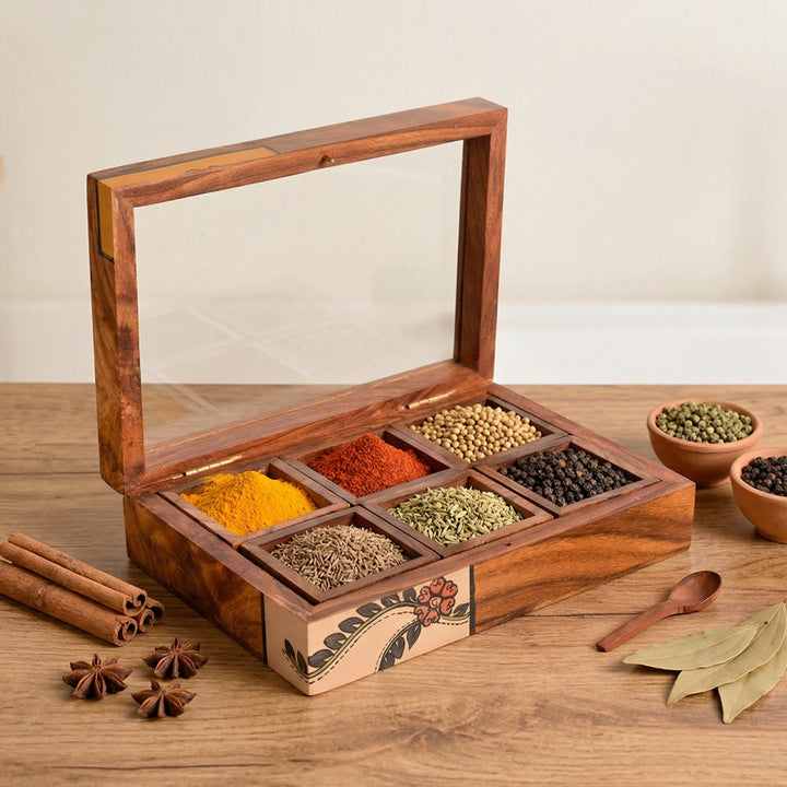 Spice Box Handcrafted Tribal Art 6 slot Wooden with Spoon (8x6x2)