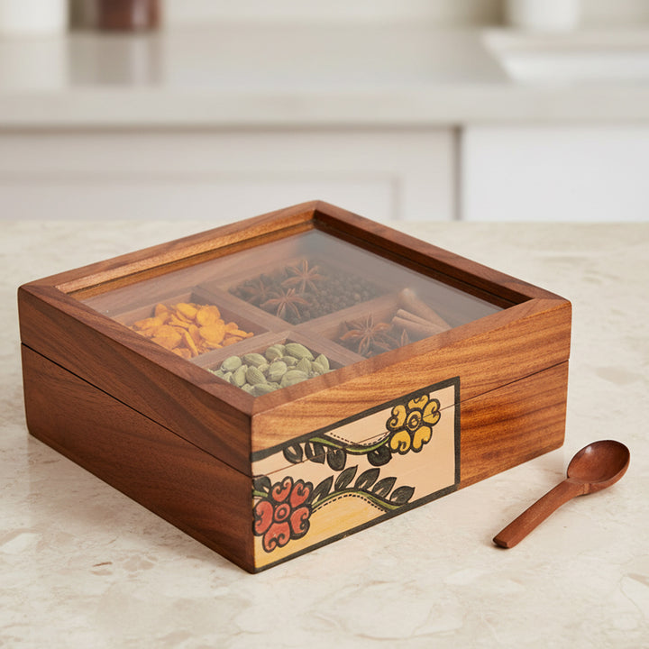 Spice Box Handcrafted Tribal Art 4 Slot Wooden with Spoon (6x6x2)