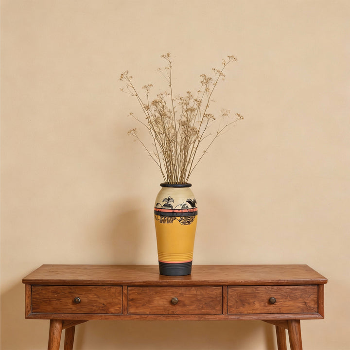 Yellow Earthen Vase with Madhubani Tattoo Art