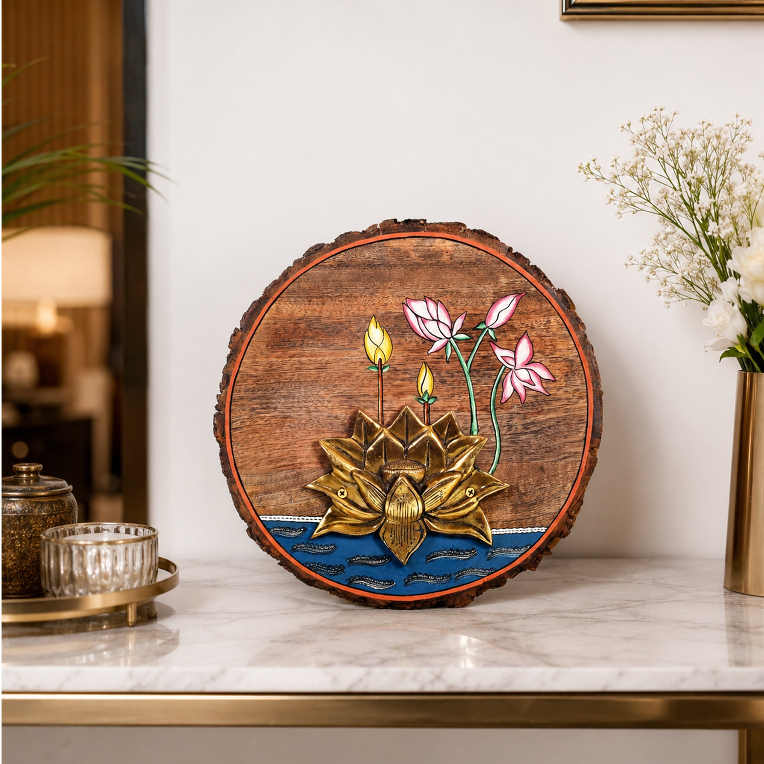 Kamala Lotus Wall Art, Handcrafted Wooden Decor with Lotus Flower and Diyas for Purity, Grace and Spiritual Glow