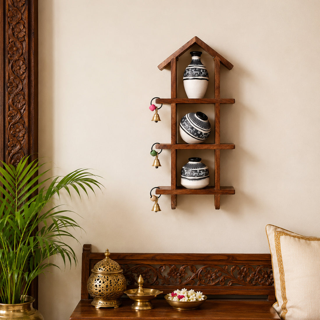 Wall Decor Ladder & 3 Handcrafted Warli White Pots (6x2x13)