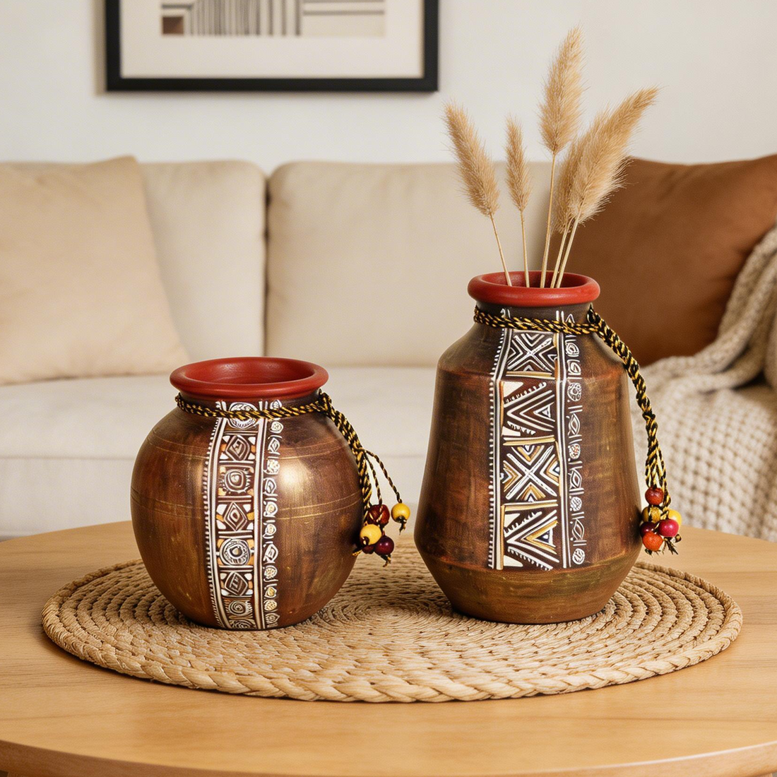 Simmering Sand Handpainted Terracotta Vase Set of 2 (4x3x5.5/4.5x2.5x6.5)
