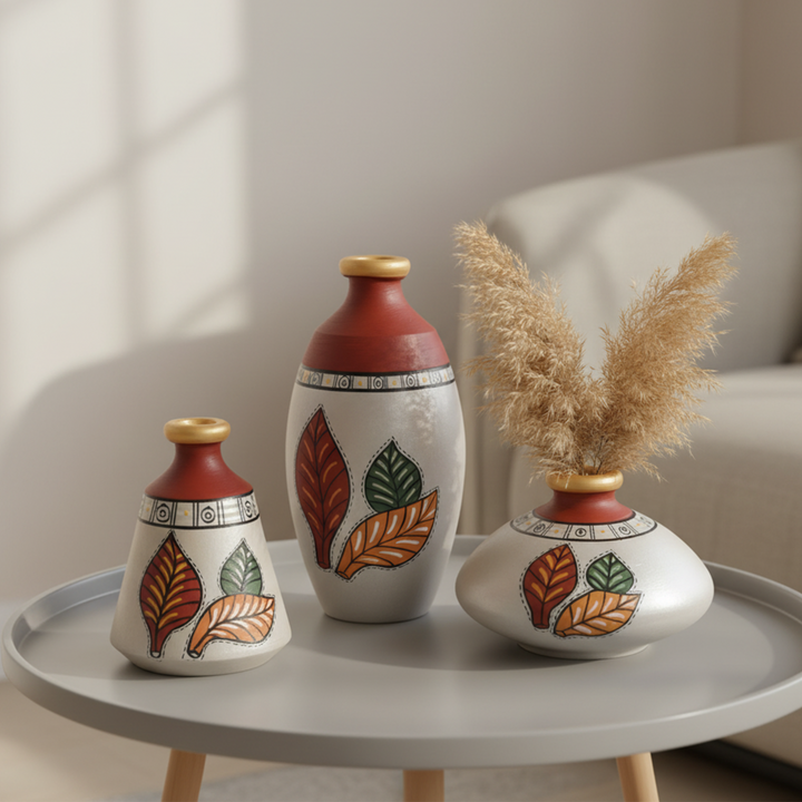 Silver Bloom Earthen Vases Handpainted in Tribal Art