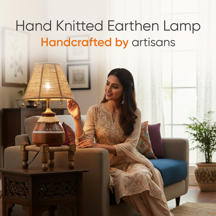 Hand Knitted Earthen Lamp with Jute Shade on Rosewood Manji (7x7x18")