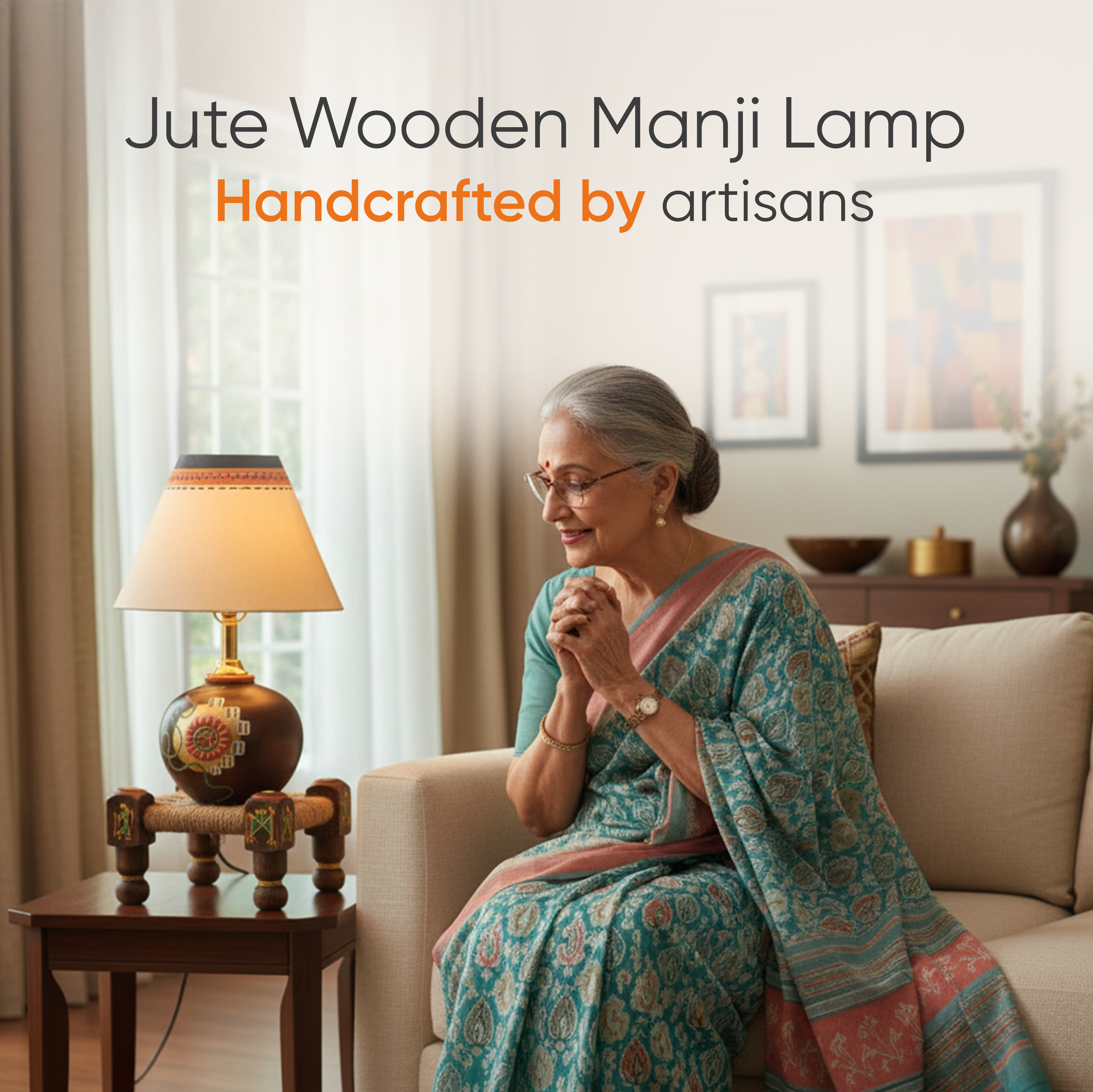 Table Lamp Earthen in Brown Color on Jute Wooden Manji Handcrafted with White Shade (8x8x17)