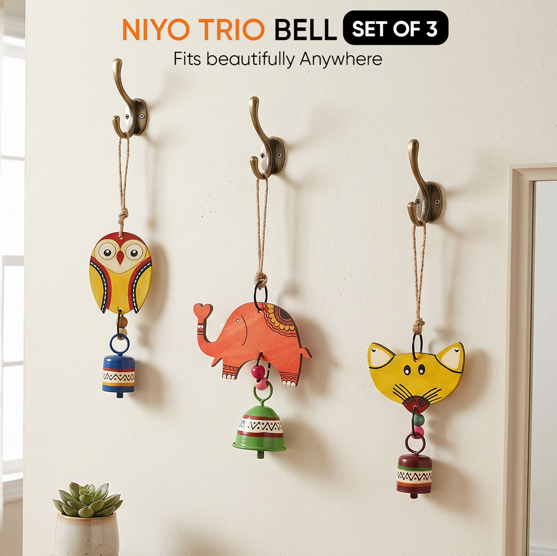 Niyo Trio - Hand-Painted Wooden Animal Hanging Bells (Set of 3)