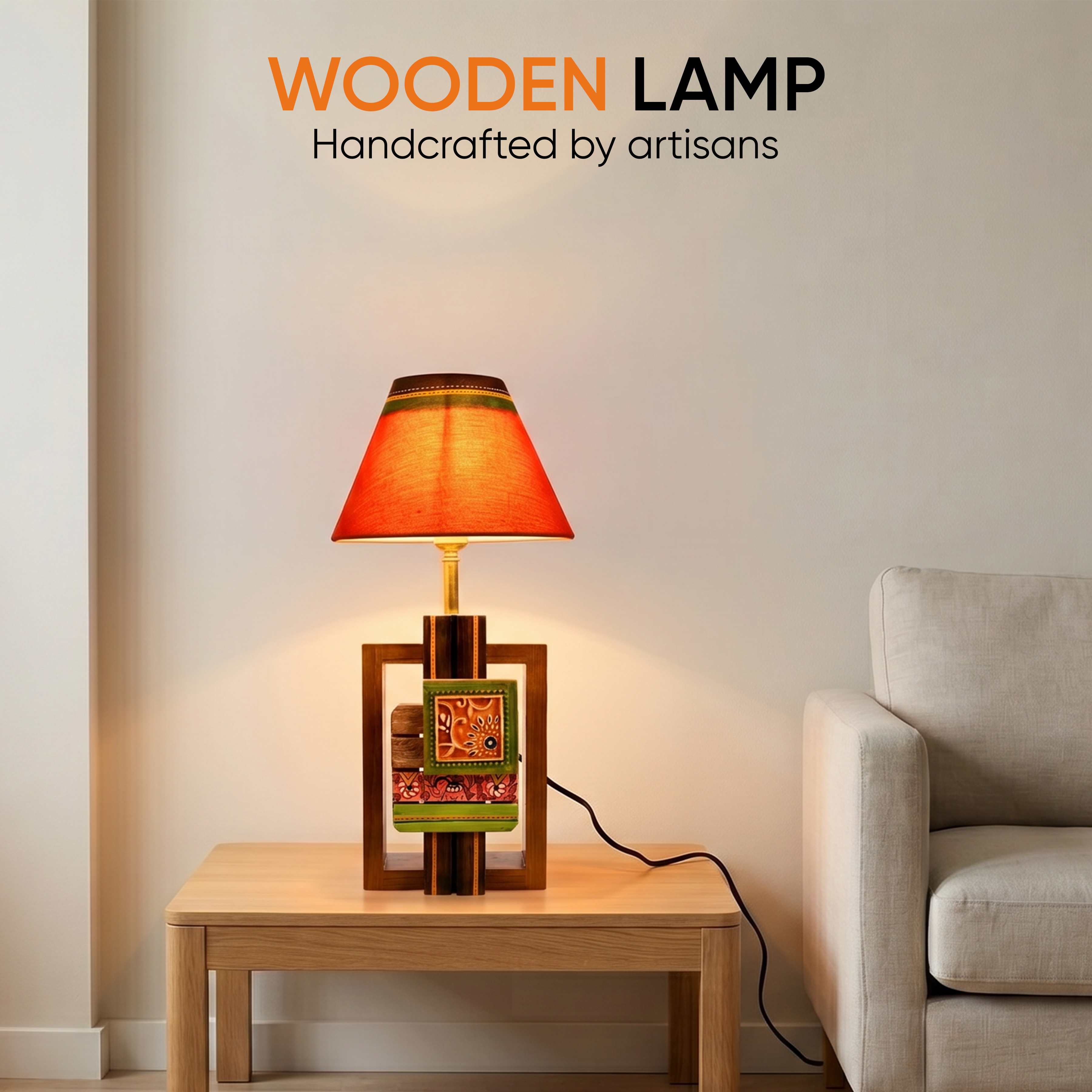Table Lamp Handcrafted in Wood with Tribal Motifs & Red Shade (6x4x12.5")