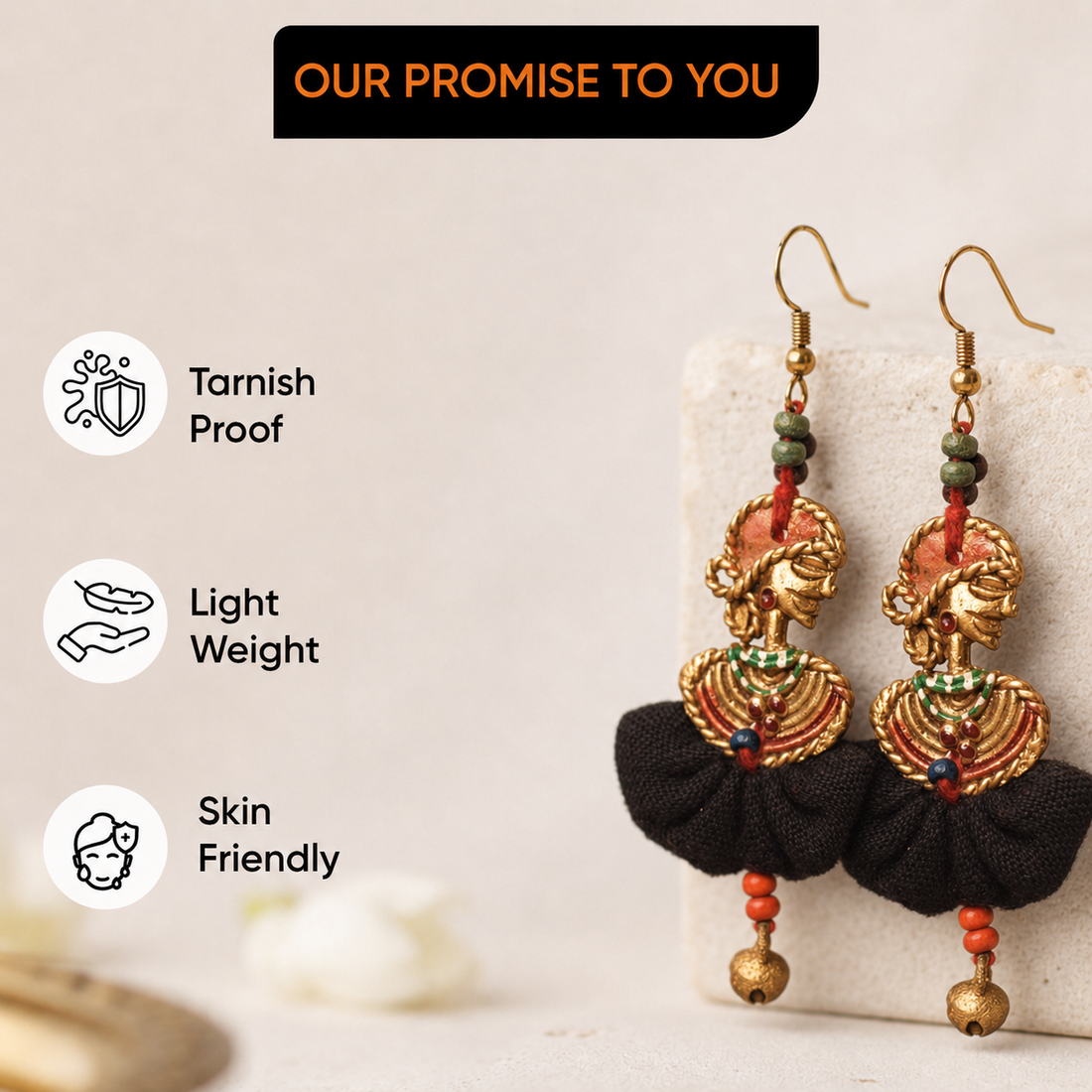 The Dancing Empress Handcrafted Tribal Dhokra Earrings in Jet Black