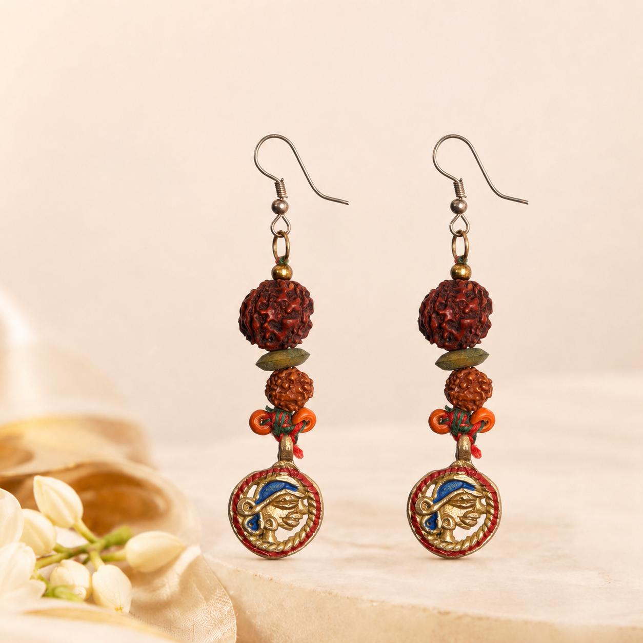 Divine Fusion: Handcrafted Wooden & Rudraksha Earrings